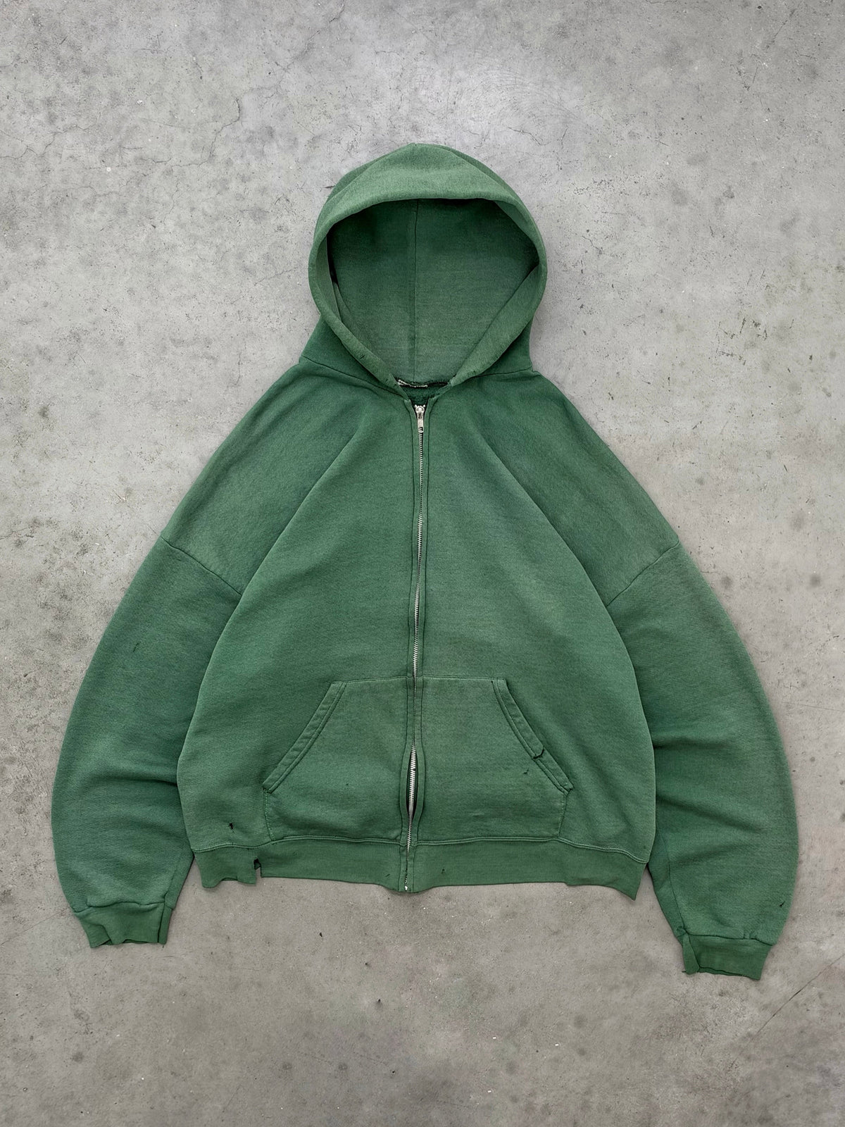DISTRESSED FADED FOREST GREEN ZIP UP HOODIE - 1990S