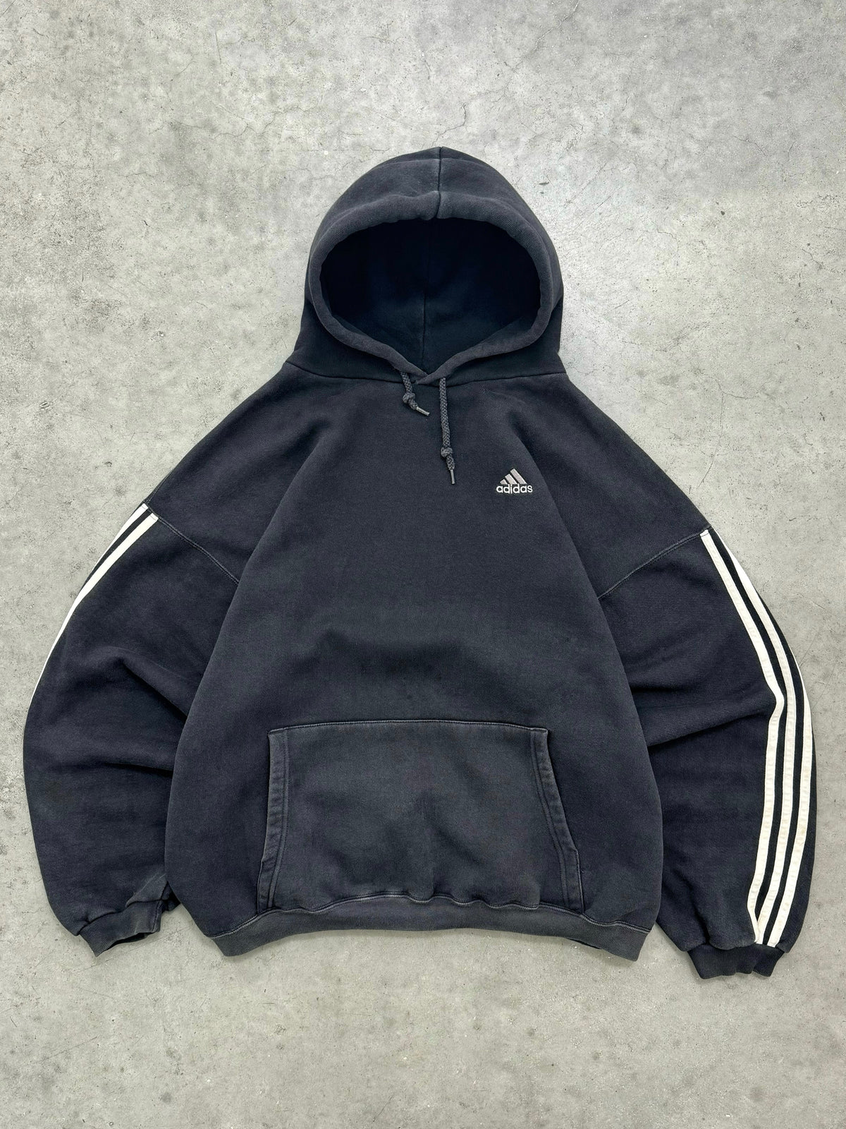 FADED BLACK ADIDAS 3 STRIPE HEAVYWEIGHT HOODIE - 1990S