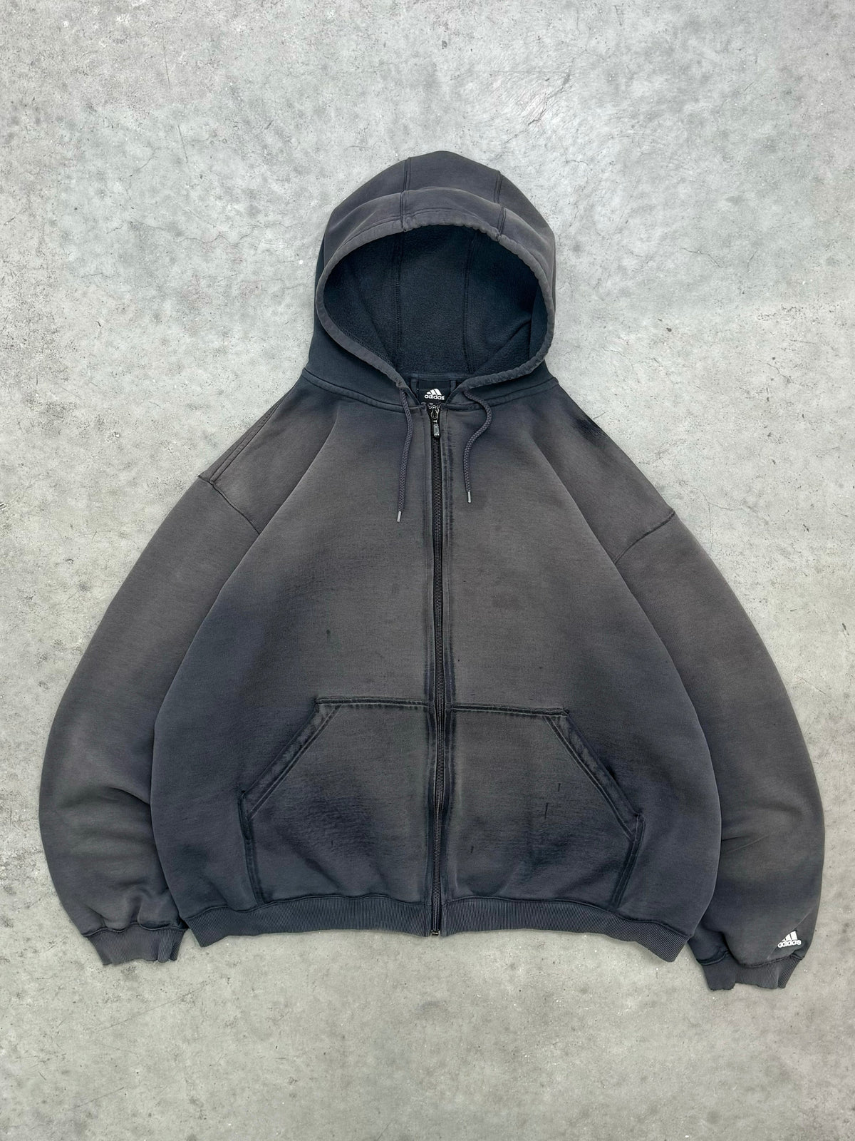 SUN FADED BLACK & DISTRESSED ADIDAS ZIP UP HOODIE - 2000S