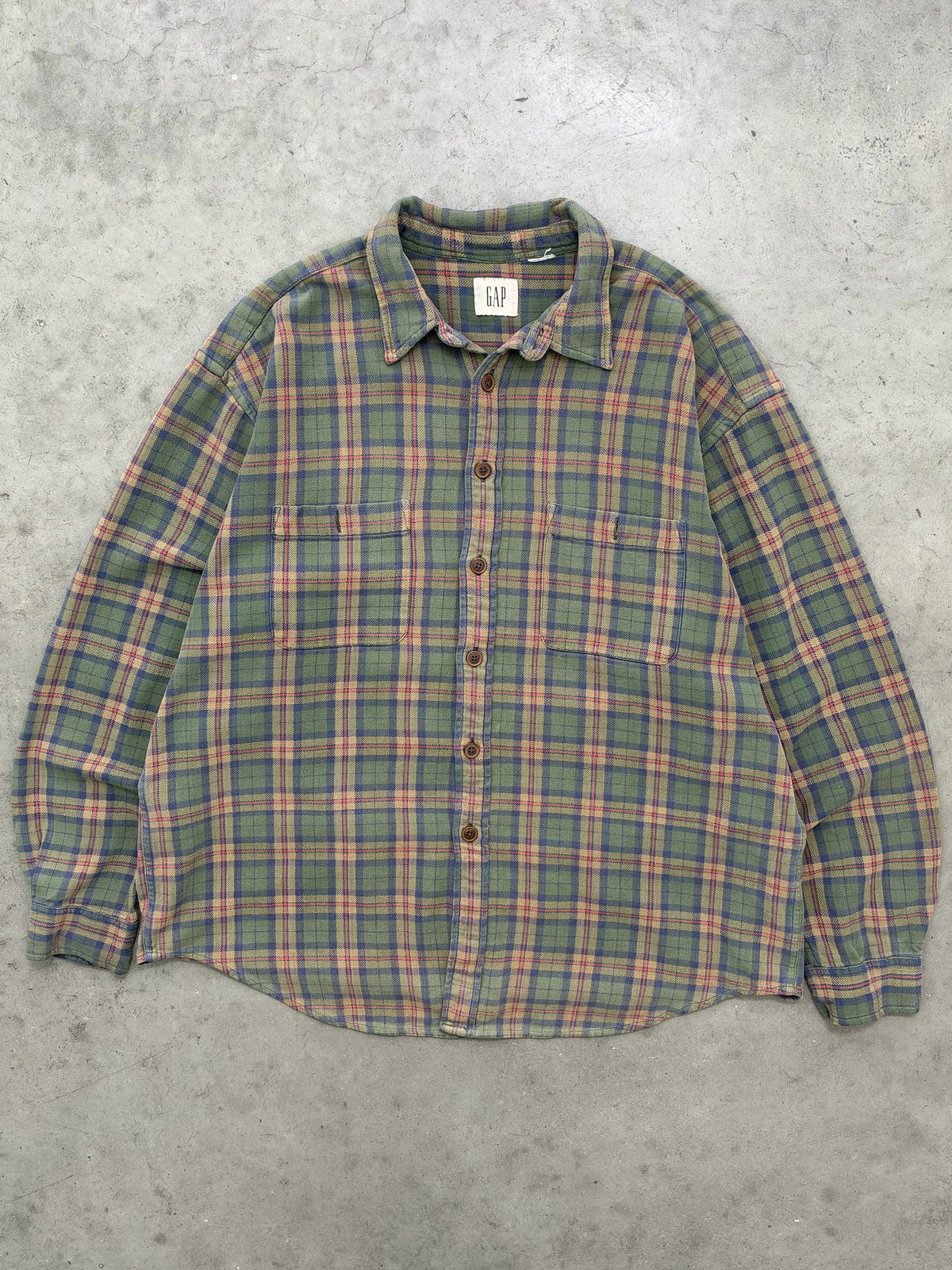 FADED GREEN PLAID GAP FLANNEL SHIRT - 1990S