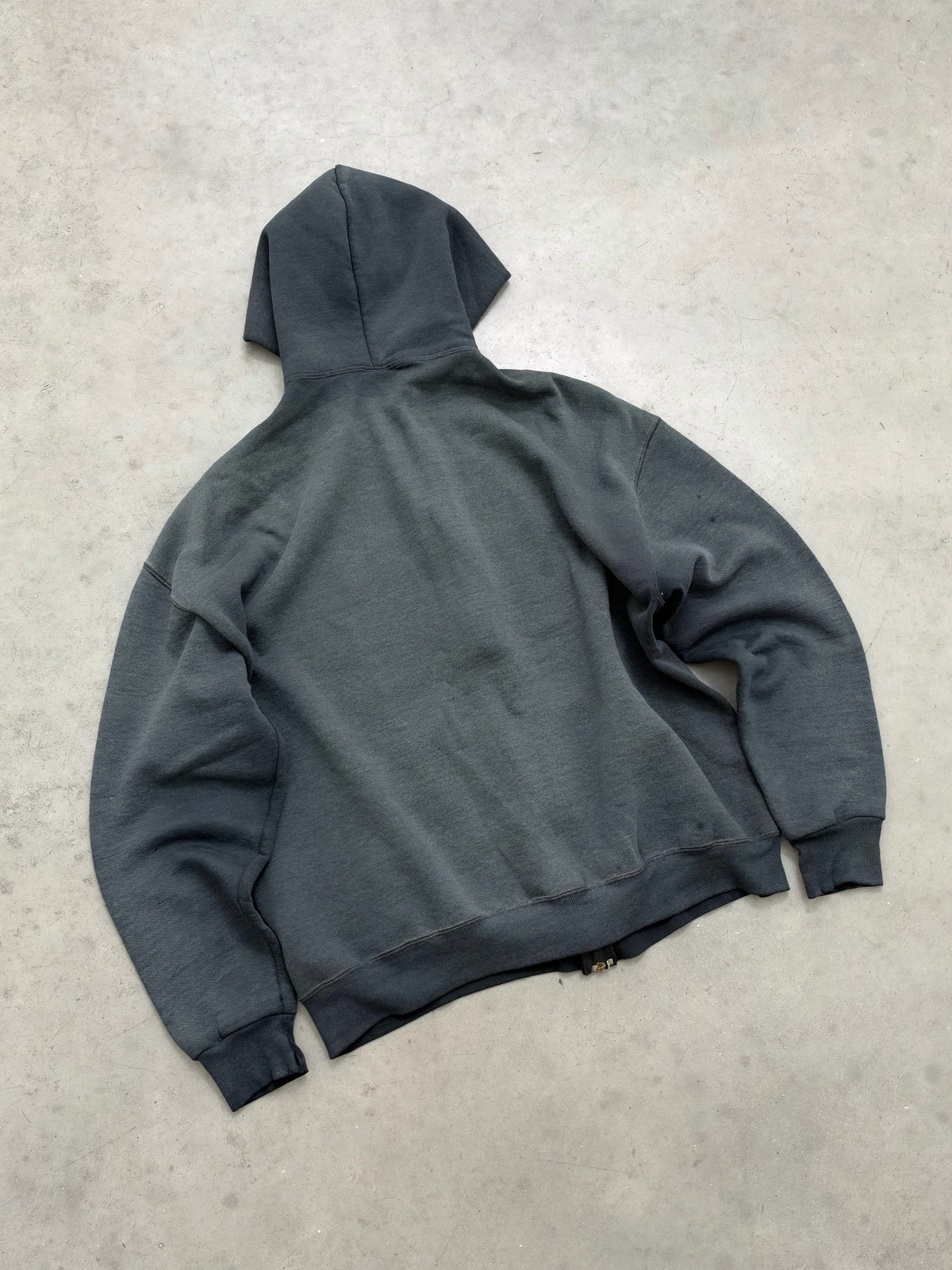 DISTRESSED FADED MIDNIGHT BLACK RUSSELL ZIP UP HOODIE - 1990S
