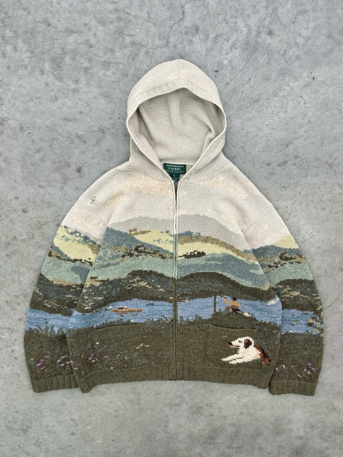 FADED EARTH TONE RALPH LAUREN NATURE KNIT HOODIE - 2000S