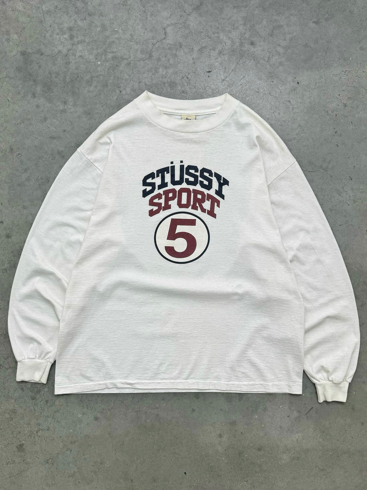 FADED BONE WHITE "STUSSY SPORT" MADE IN USA LONG SLEEVE TEE - 1990S