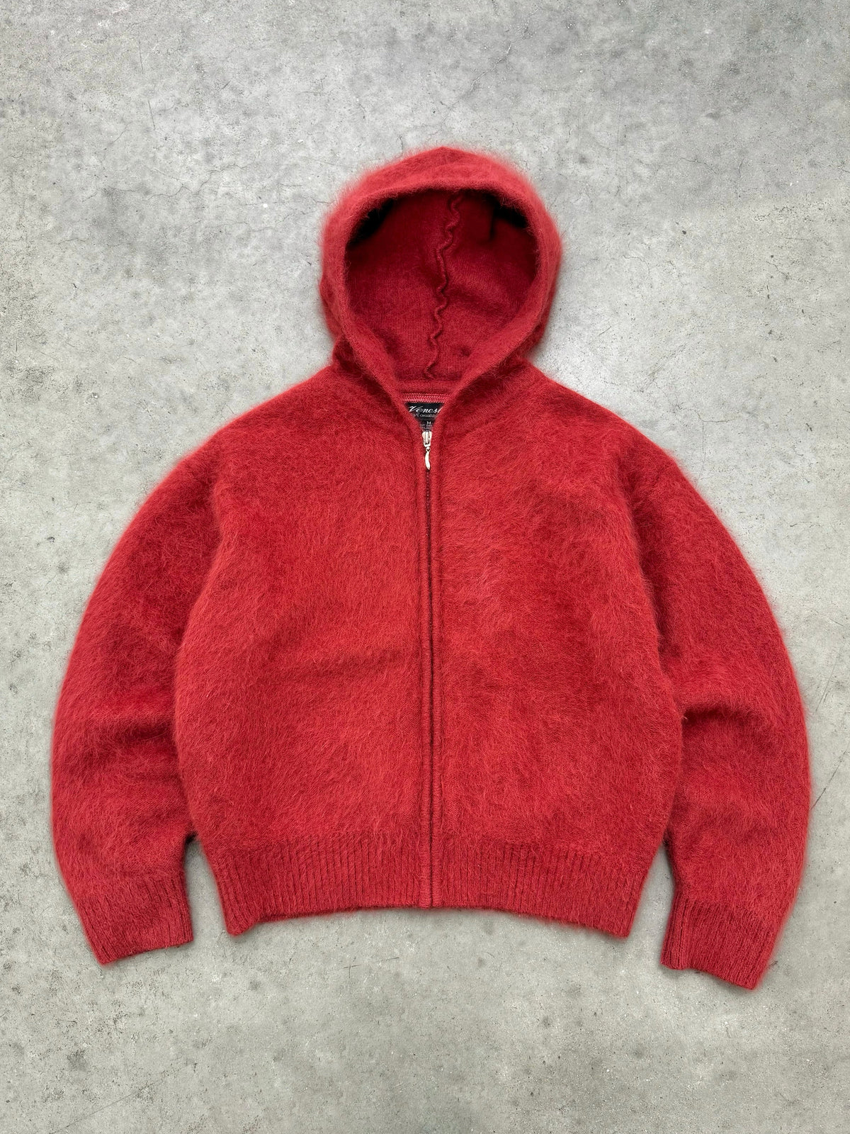 FADED CRIMSON ANGORA MOHAIR KNIT ZIP HOODED SWEATER - 1990S