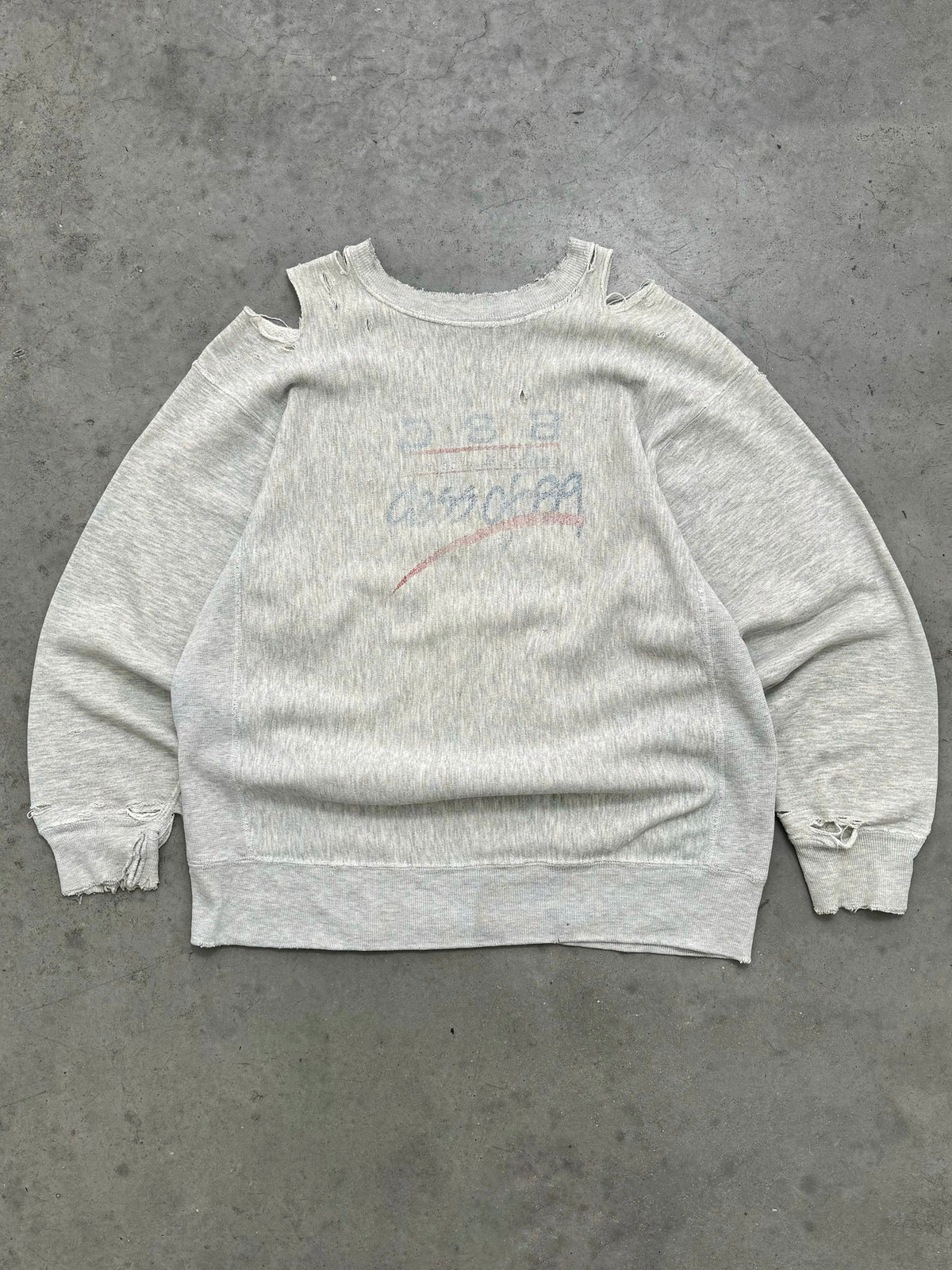 DISTRESSED CROSS GRAIN HEATHER REVERSE WEAVE CREWNECK - 1980S