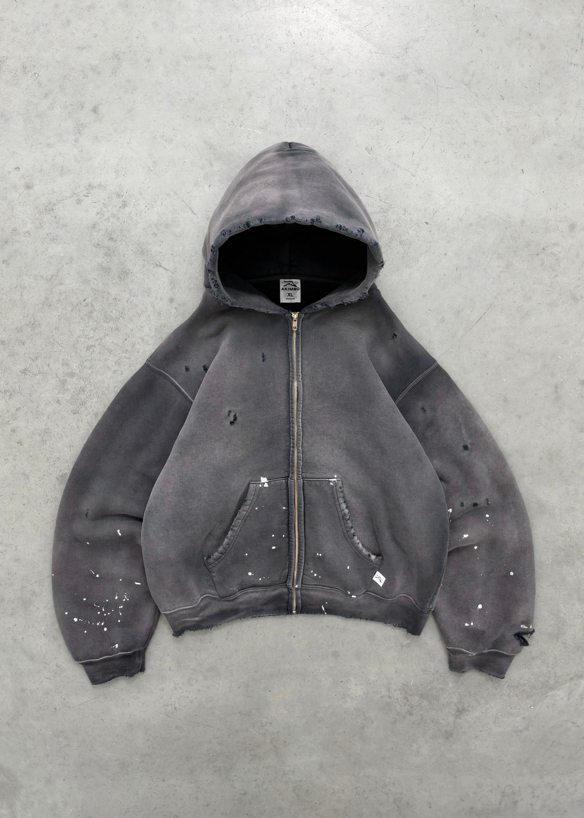 "WATCH-PEEKER" DISTRESSED ZIP UP HOODIE - SUN FADED BLACK