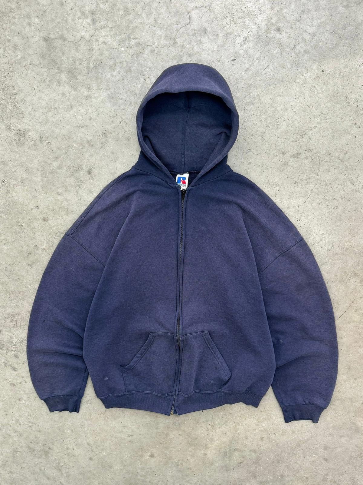 SUN FADED NAVY ZIP UP RUSSELL HOODIE - 1990S