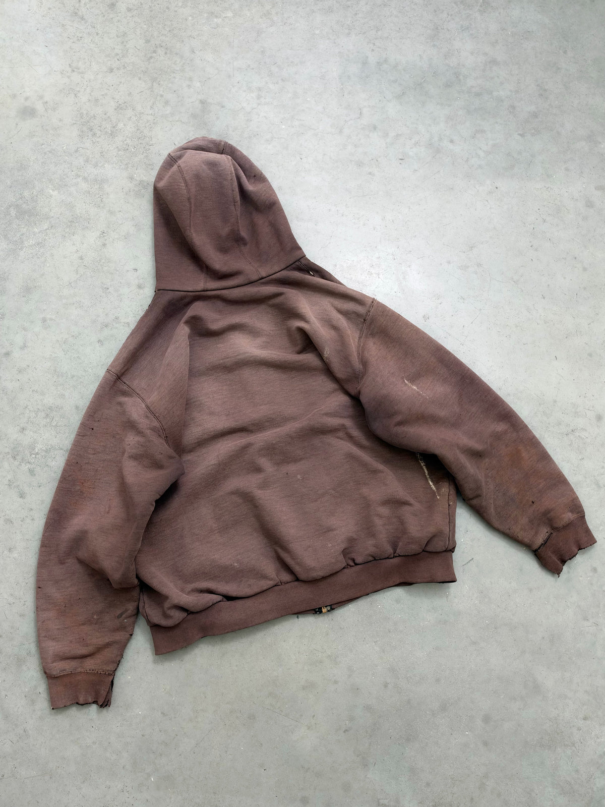 DISTRESSED FADED MUD BROWN CARHARTT THERMAL LINED HOODIE - 1990S