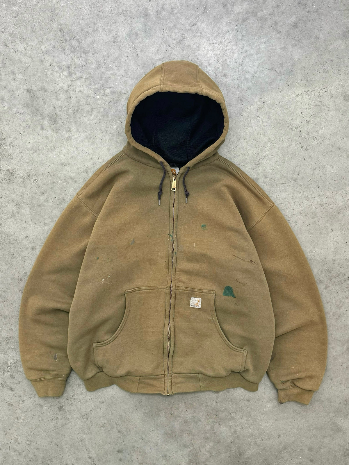 DISTRESSED FADED OLIVE THERMAL LINED CARHARTT HOODIE - 1990S