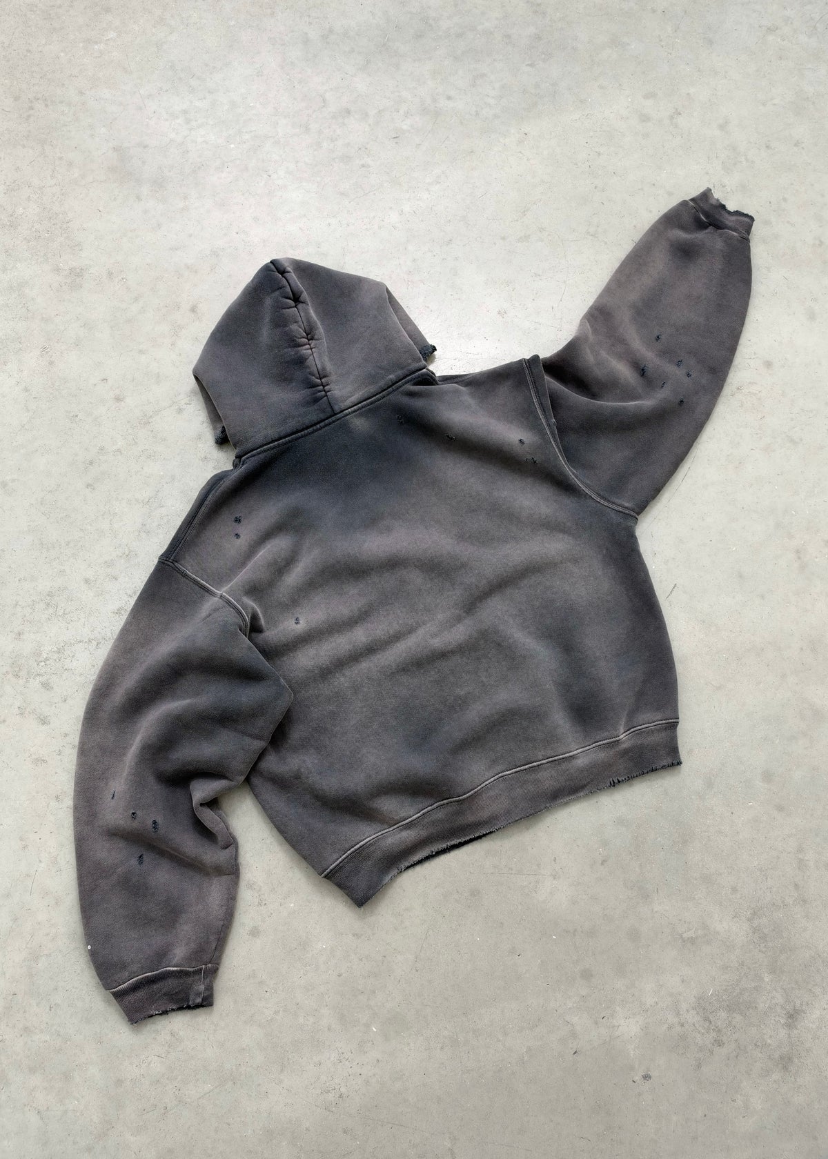 "WATCH-PEEKER" DISTRESSED ZIP UP HOODIE - SUN FADED BLACK