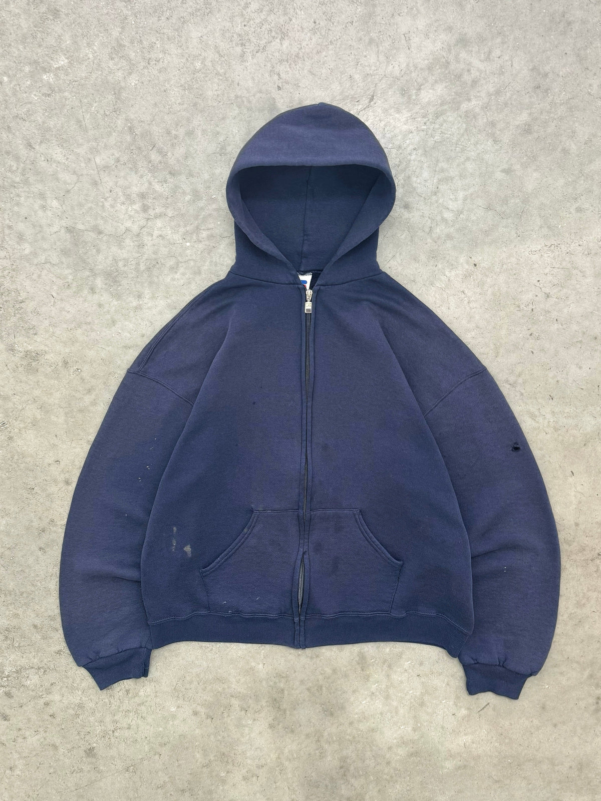 SUN FADED INDIGO RUSSELL ZIP UP HOODIE - 1990S