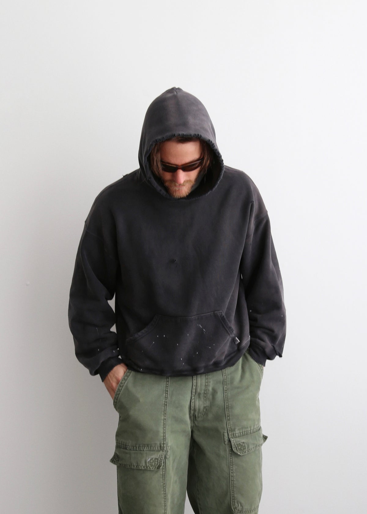 "WATCH-PEEKER" DISTRESSED HOODIE - SUN FADED BLACK