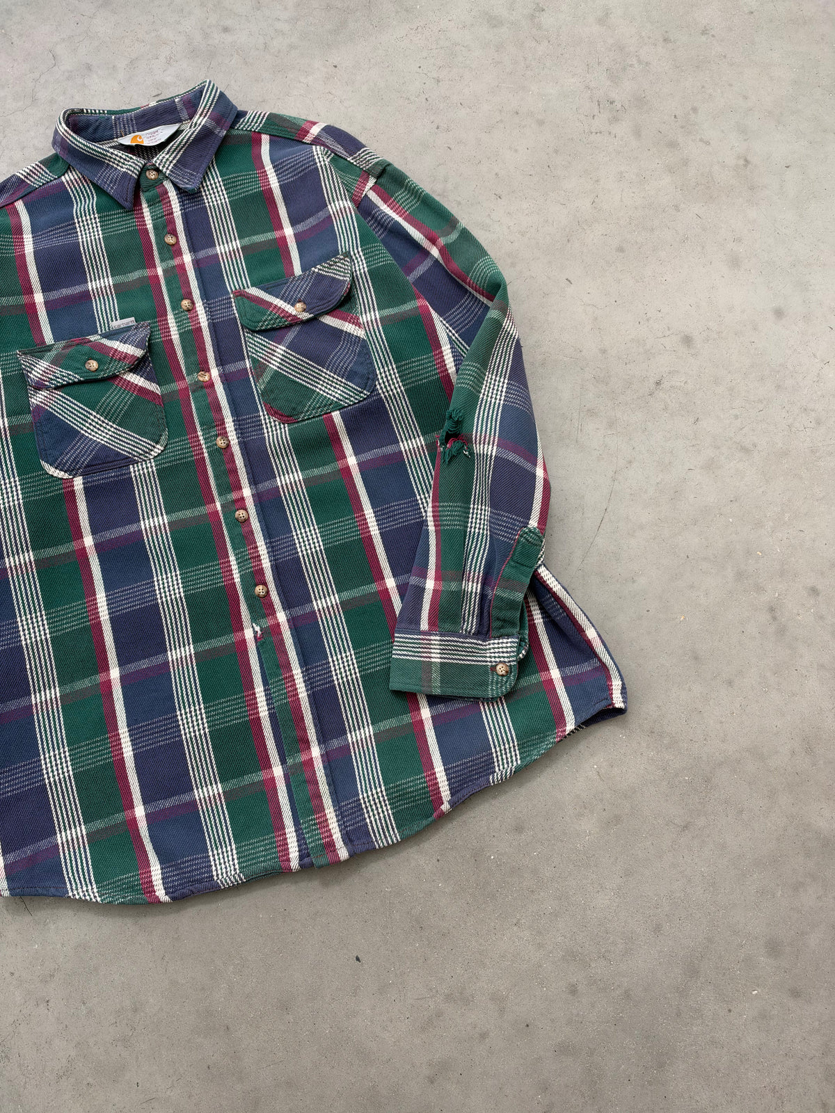 DISTRESSED FADED NAVY BLUE PLAID CARHARTT FLANNEL SHIRT - 1990S