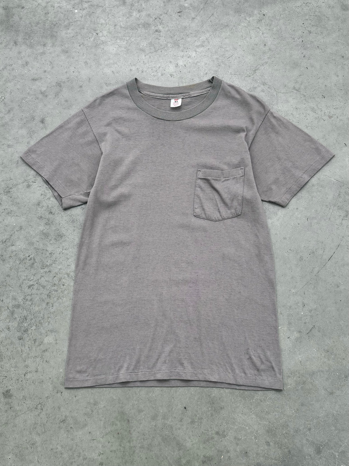 FADED CEMENT GREY HANES POCKET TEE - 1980S