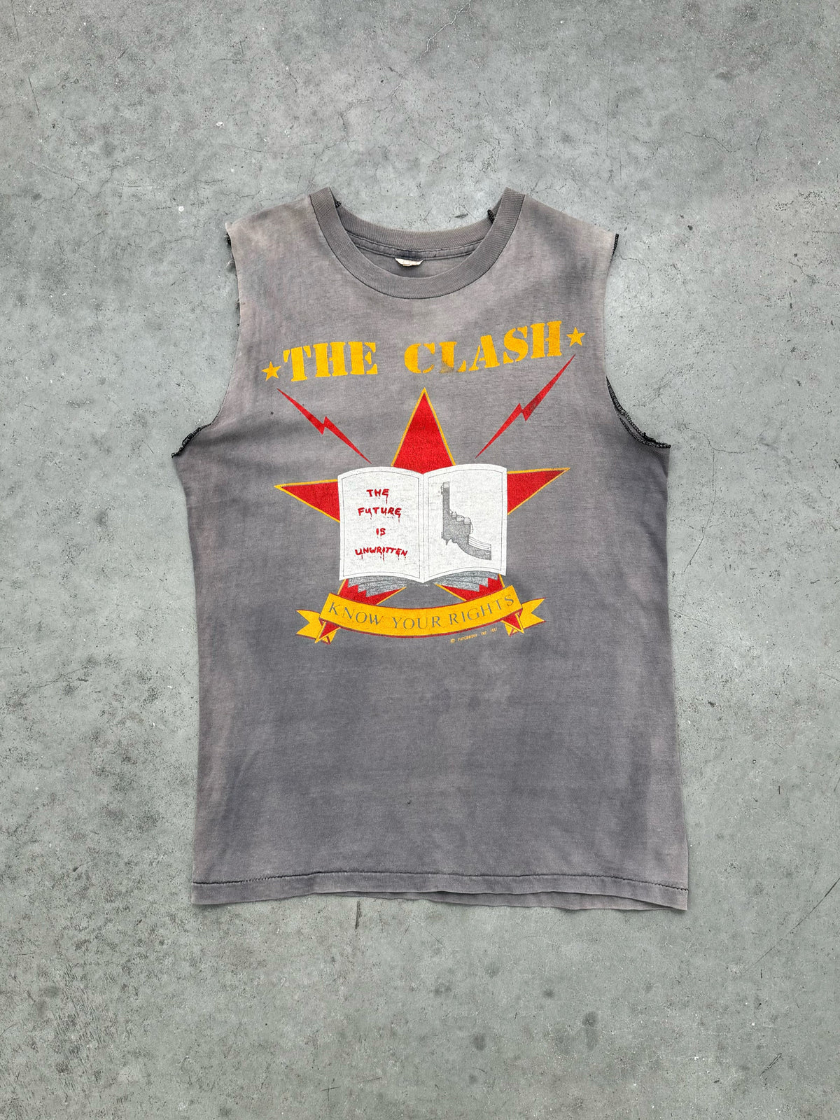 FADED CHARCOAL & DISTRESSED "THE CLASH" SLEEVELESS TEE - 1980S