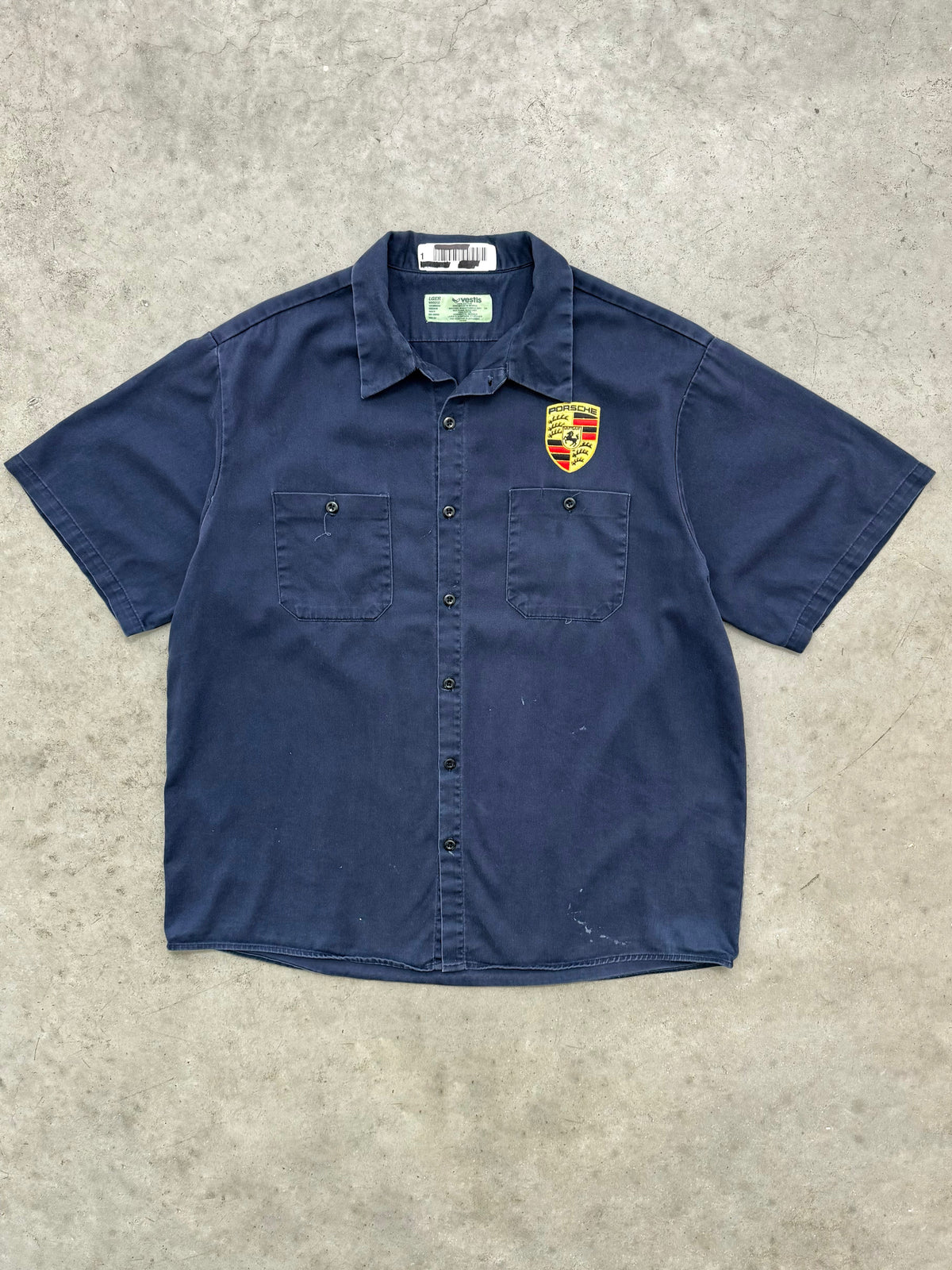FADED NAVY BLUE PORSCHE MECHANIC BUTTON SHIRT - 1980S
