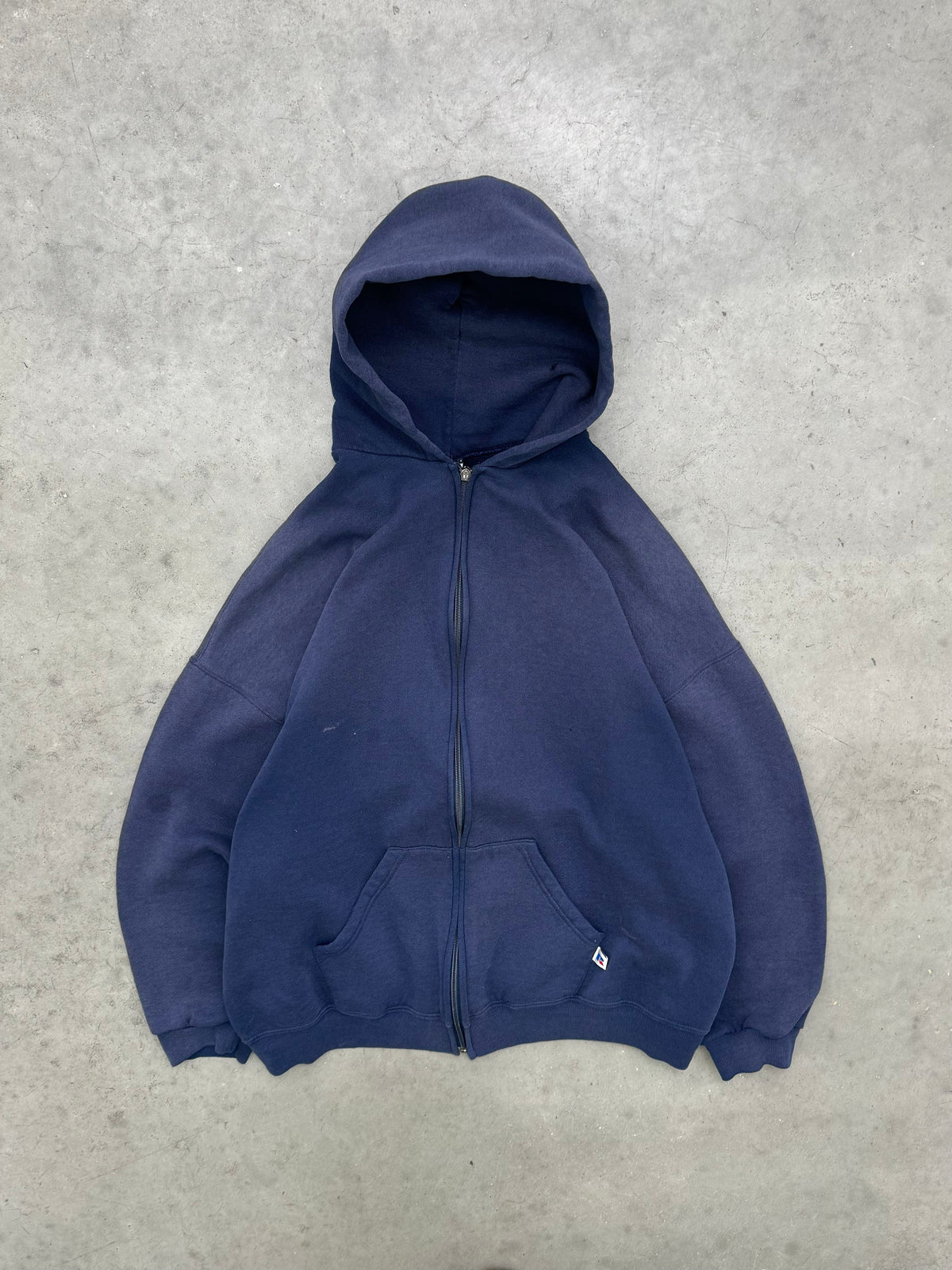 SUN FADED NAVY RUSSELL ZIP UP HOODIE - 1990S