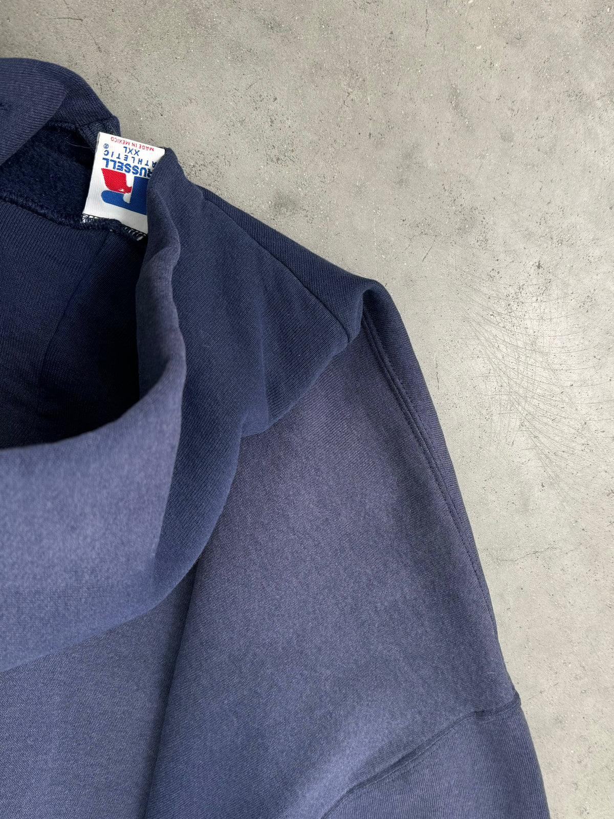 SUN FADED NAVY RUSSELL ZIP UP HOODIE - 1990S