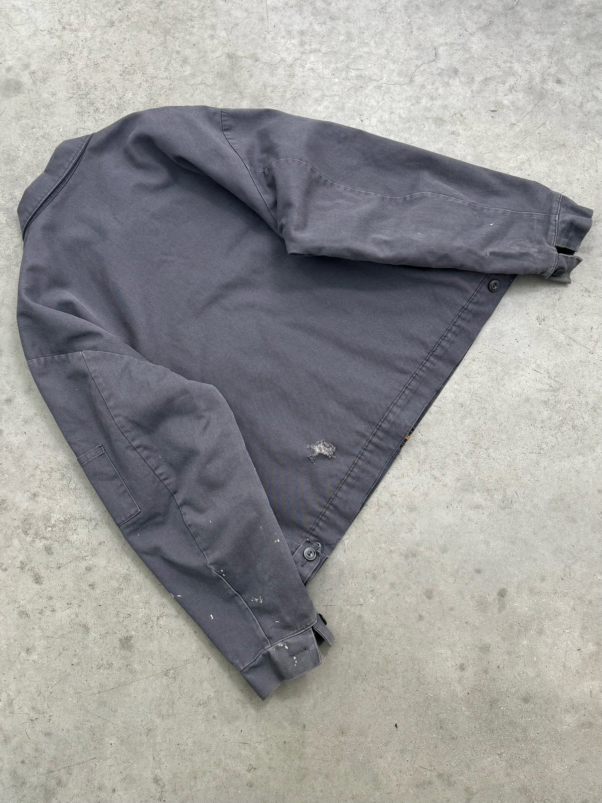 FADED STONE GREY & PAINT SPLATTER "PORSCHE" MECHANIC JACKET - 1980S