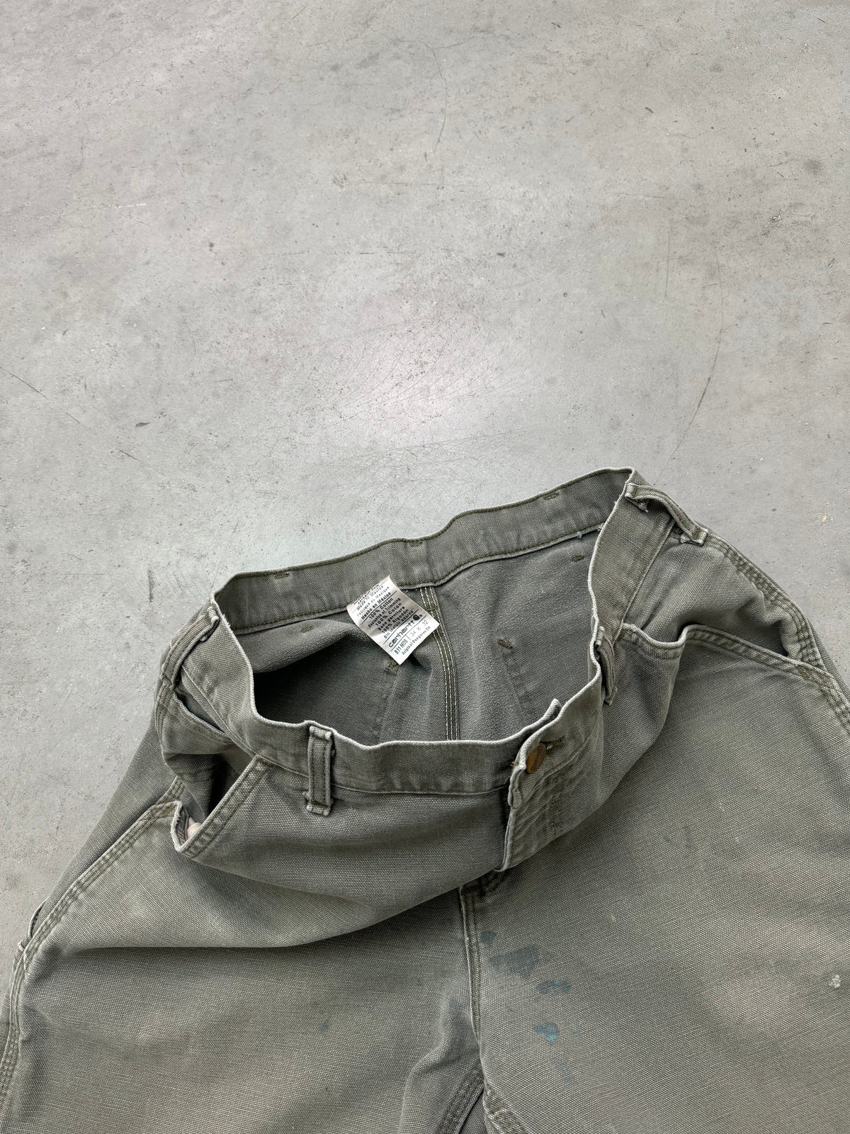 SUN FADED & DISTRESSED OLIVE CARHARTT PANTS - 2000S