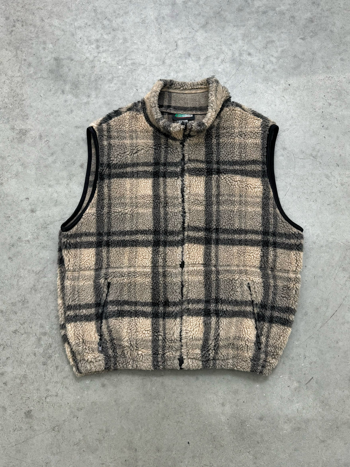 OATMEAL PLAID ZIP UP DEEP PILE VEST - 1990S