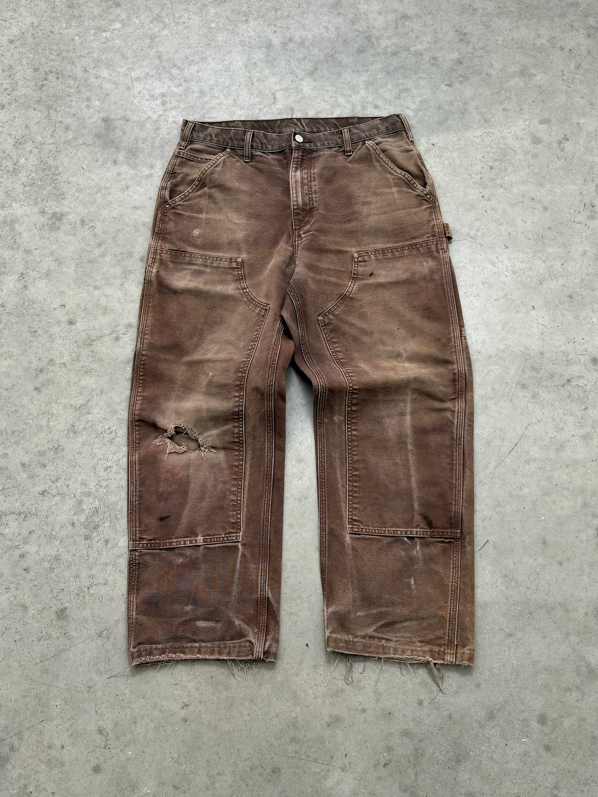 FADED BROWN AND DISTRESSED CARHARTT DOUBLE KNEE - 1990S