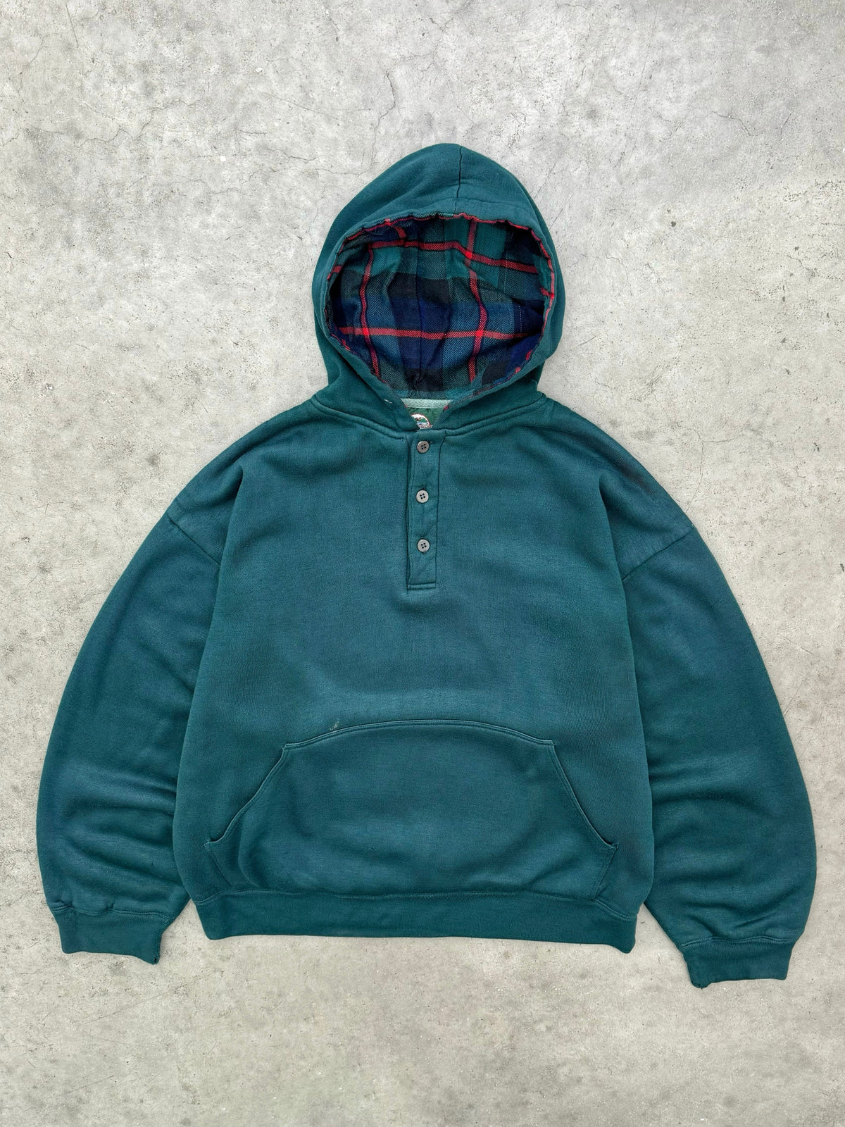 FADED GREEN FLANNEL LINED QUARTER BUTTON HOODIE - 1990S