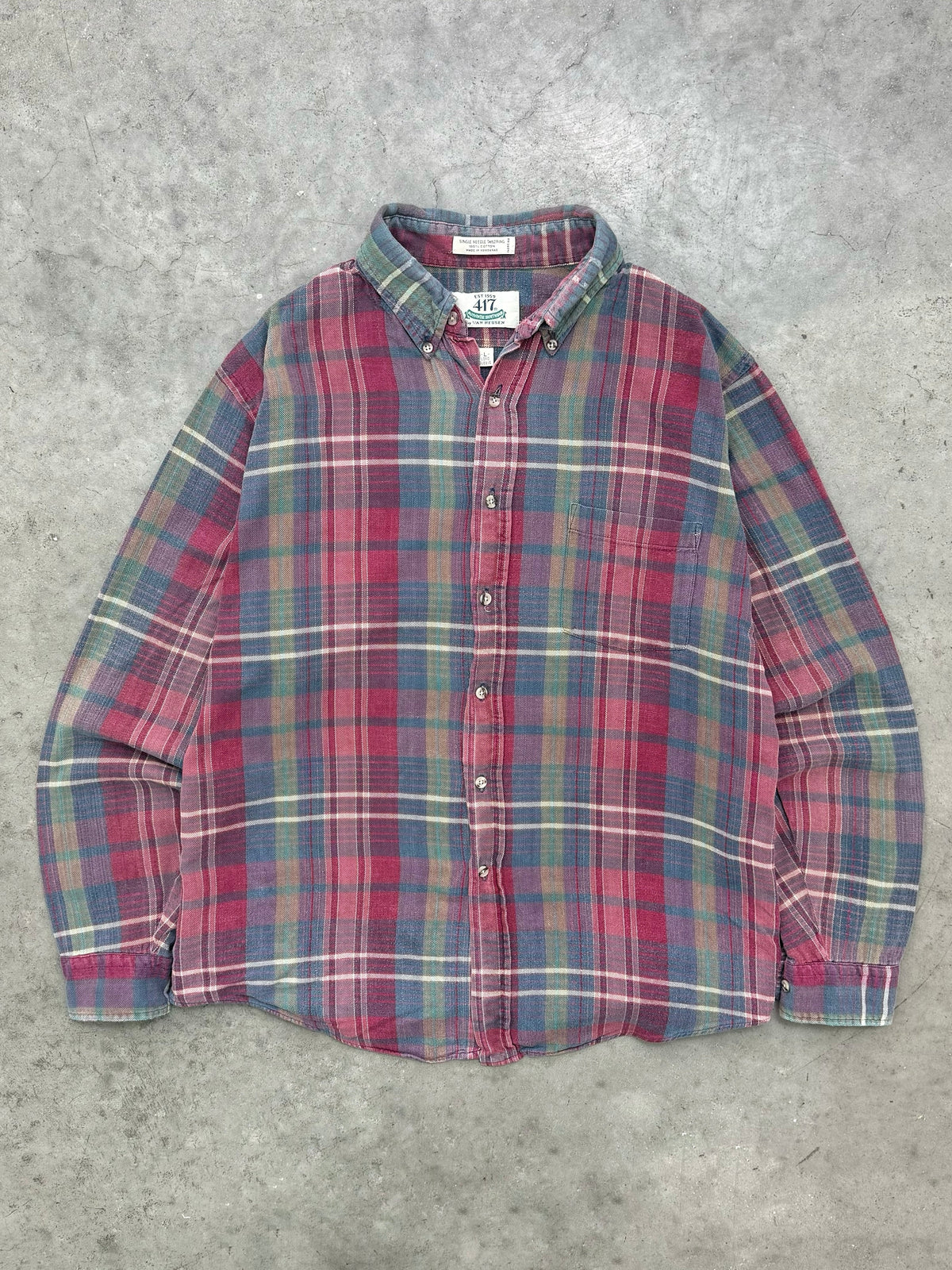 FADED RED PLAID FLANNEL SHIRT - 1990S