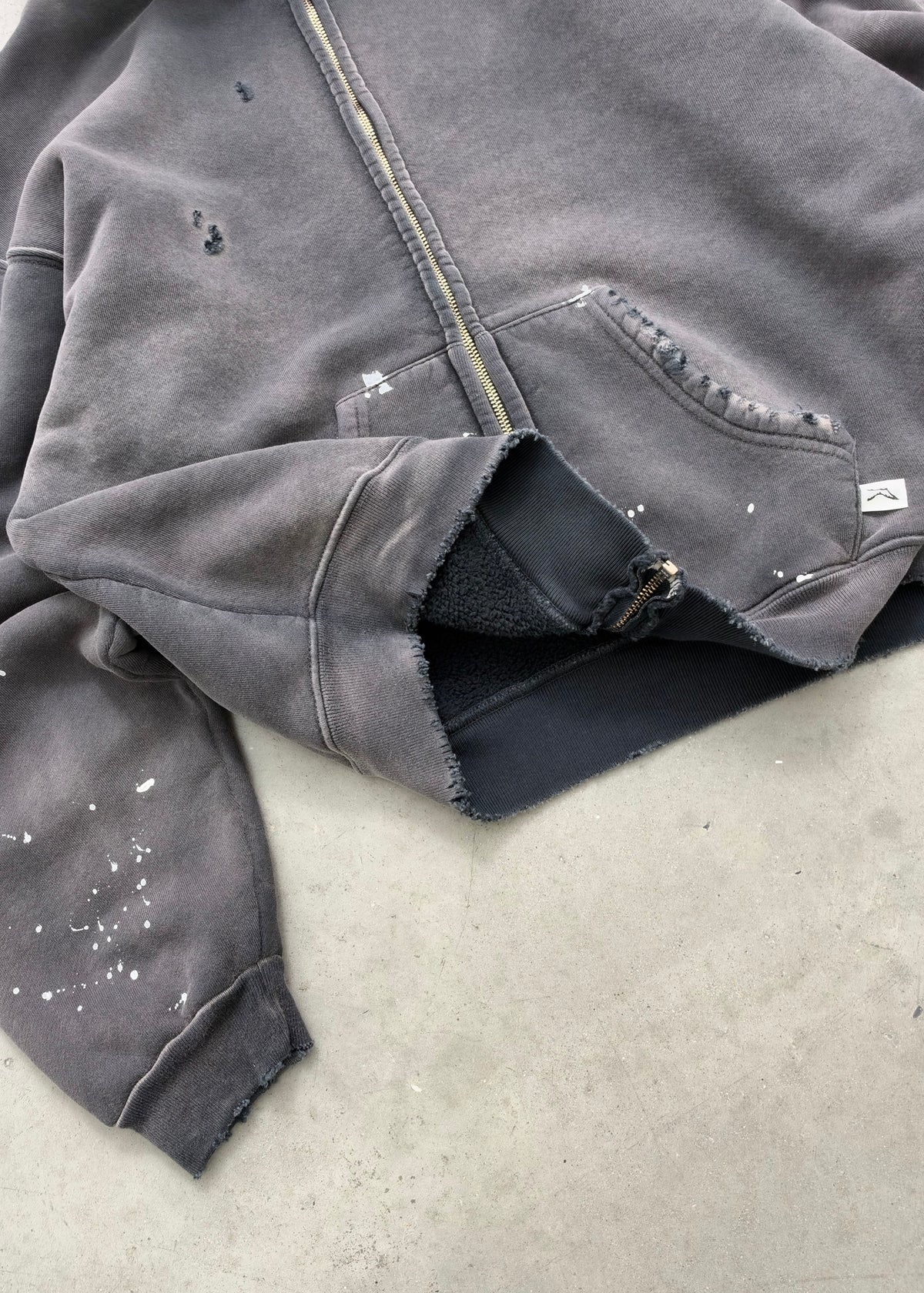 "WATCH-PEEKER" DISTRESSED ZIP UP HOODIE - SUN FADED BLACK