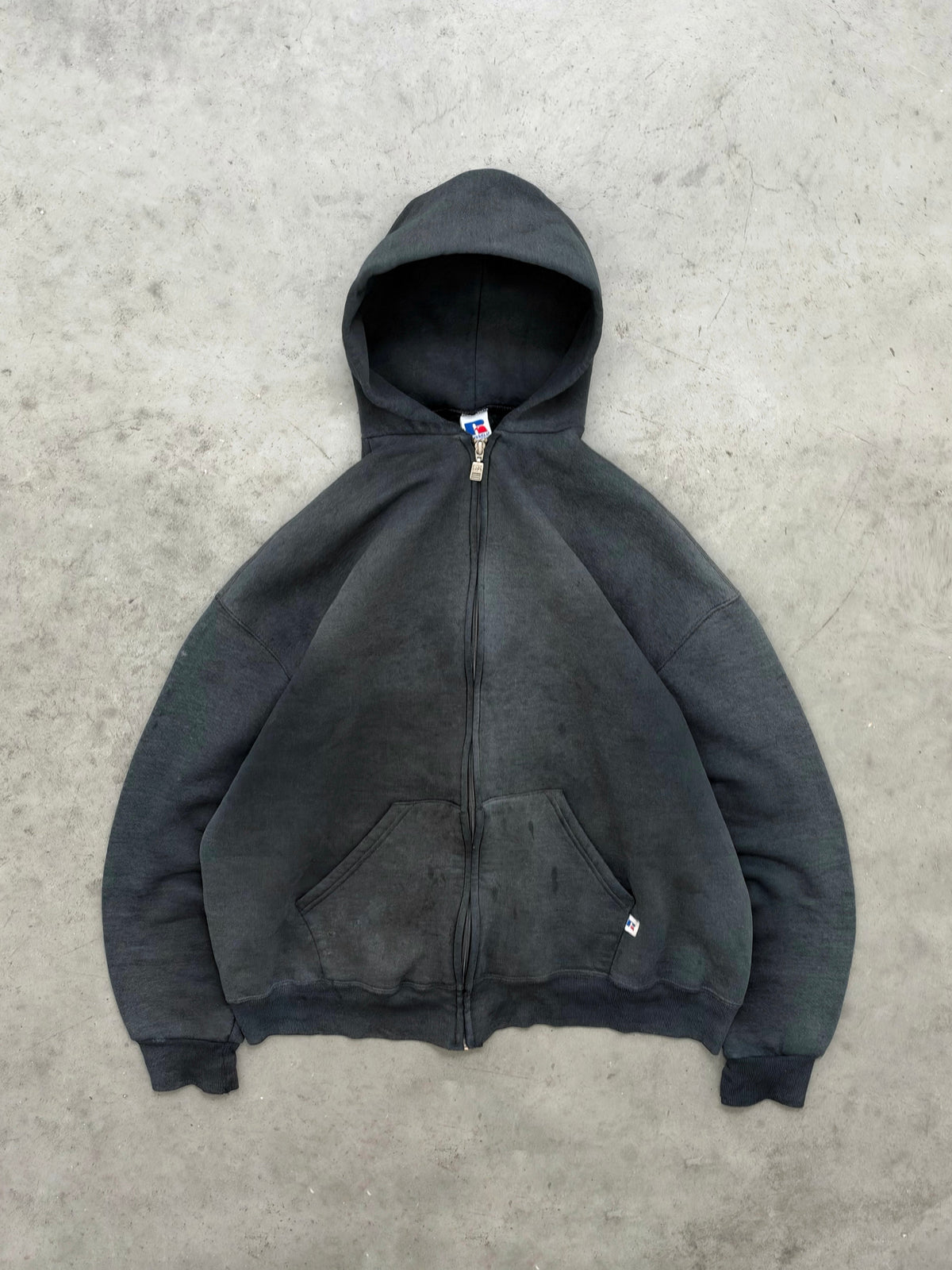 DISTRESSED FADED MIDNIGHT BLACK RUSSELL ZIP UP HOODIE - 1990S