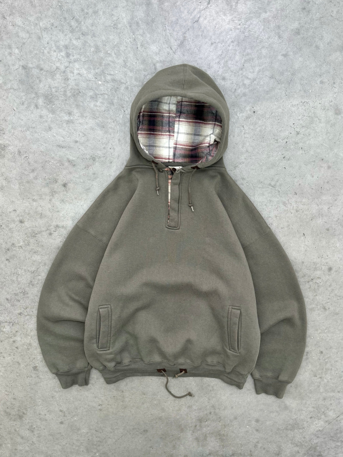 FADED OLIVE FLANNEL LINED QUARTER BUTTON HOODIE - 1990S
