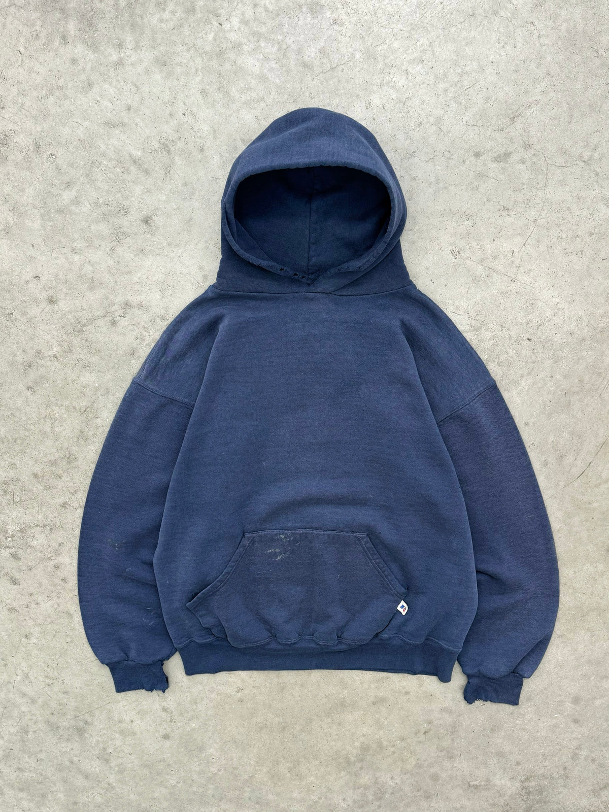 DISTRESSED & FADED NAVY BLUE RUSSELL HOODIE - 1990S
