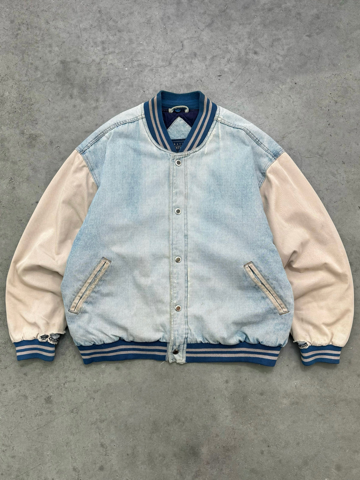 SUN FADED BLUE DENIM & TWILL BOMBER JACKET - 1990S