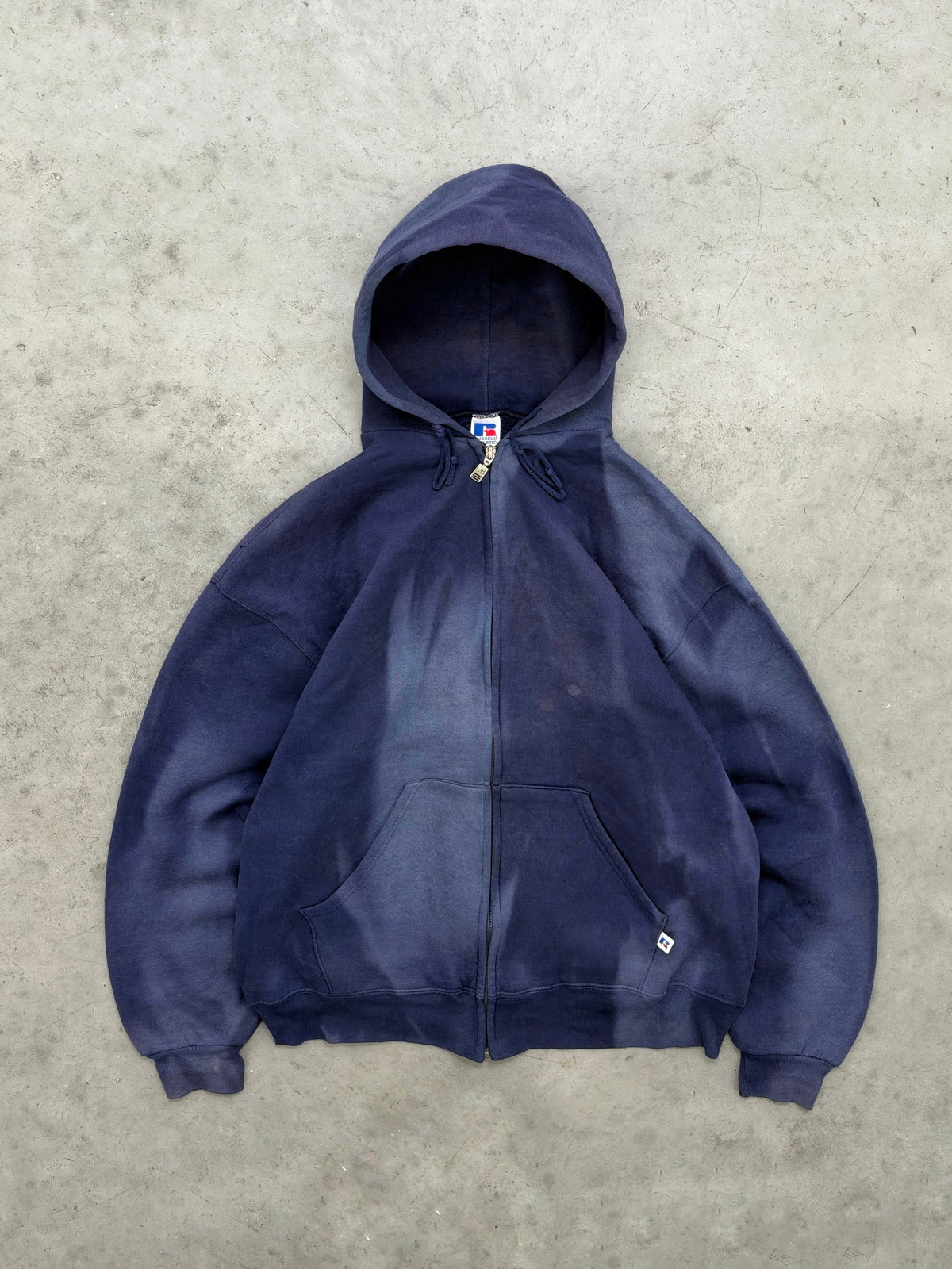 SUN FADED INDIGO RUSSELL ZIP UP HOODIE - 1990S