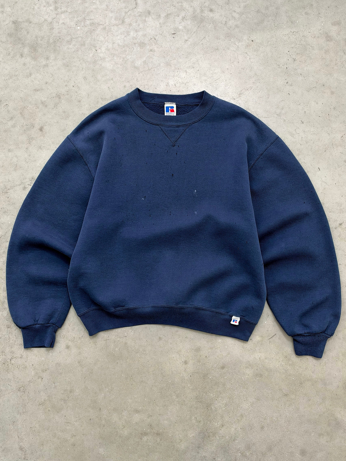 DISTRESSED FADED MIDNIGHT BLUE RUSSELL CREWNECK - 1990S