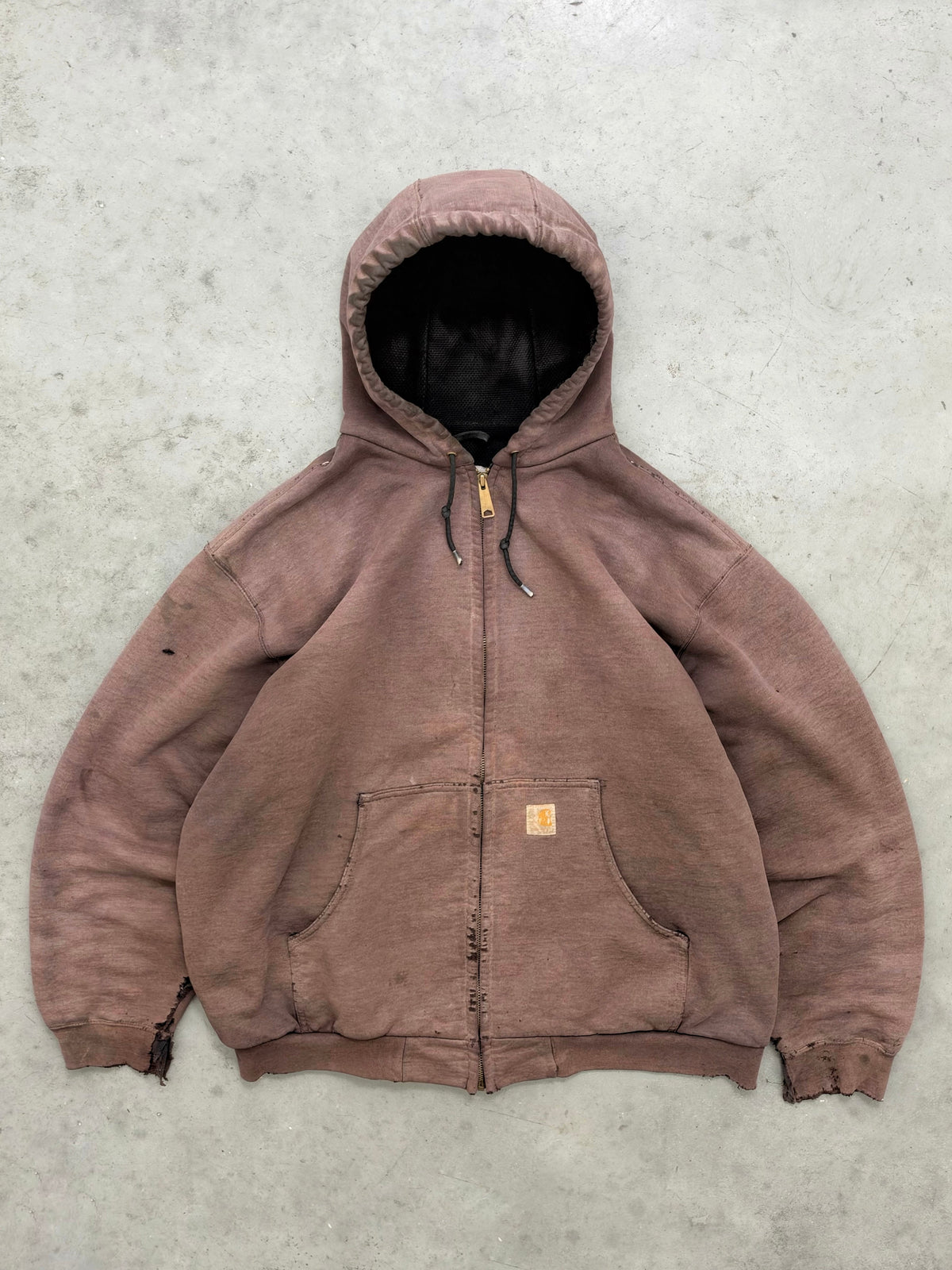 DISTRESSED FADED MUD BROWN CARHARTT THERMAL LINED HOODIE - 1990S
