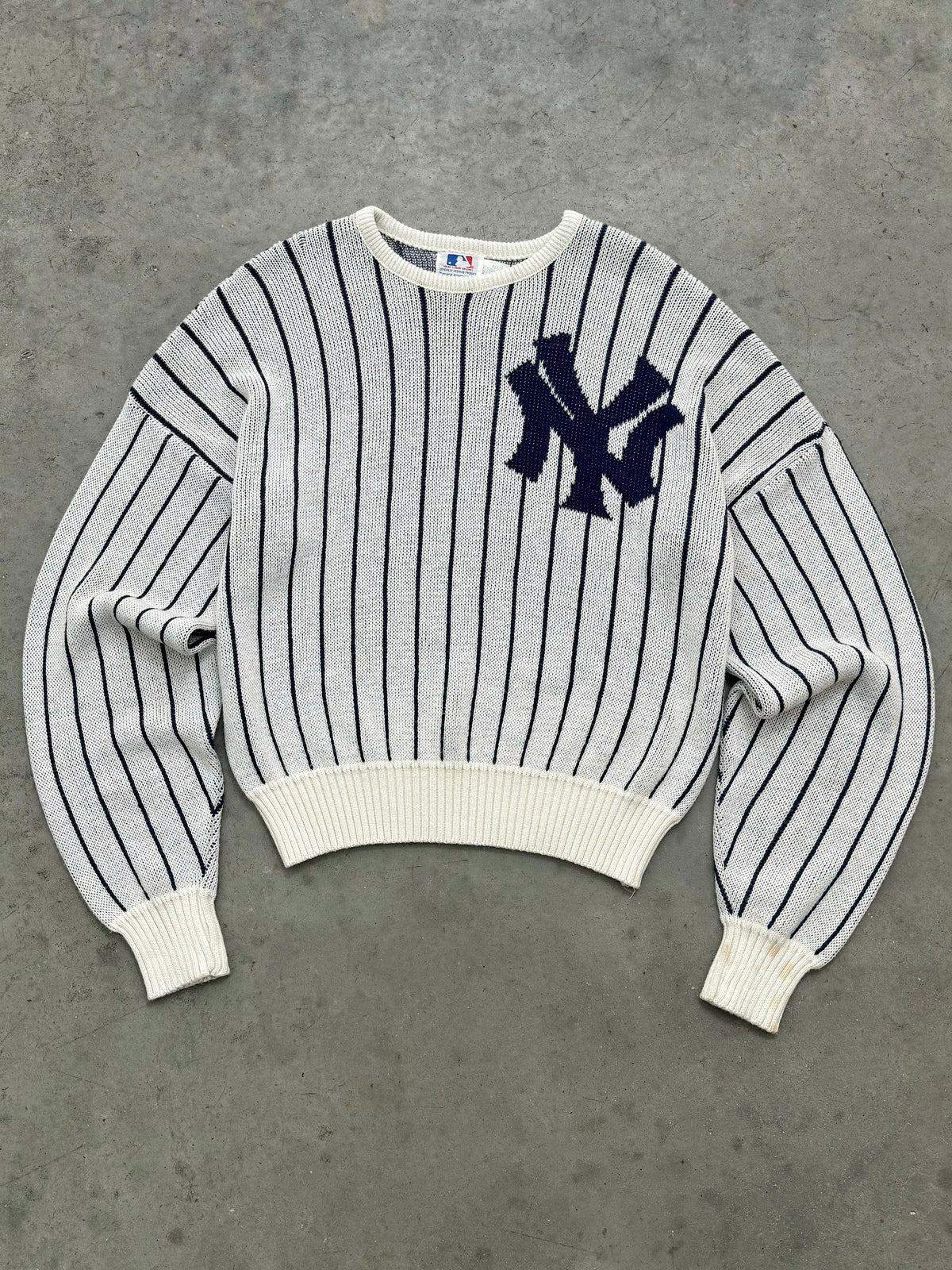 FADED BONE WHITE NEW YORK YANKEES PINSTRIPE SWEATER - 1980S