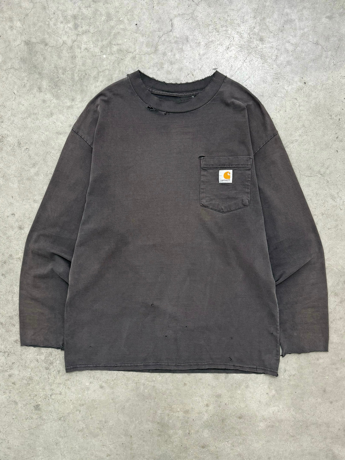 DISTRESSED & FADED BLACK CARHARTT LONGSLEEVE POCKET TEE - 1990S