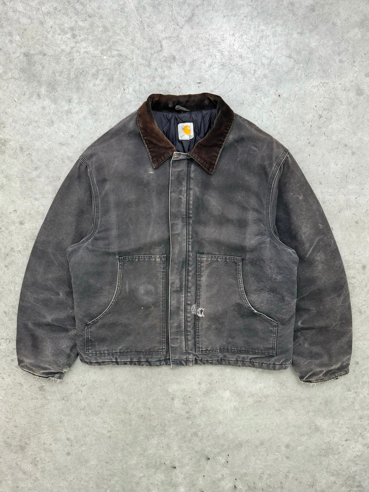 FADED BLACK AND DISTRESSED CARHARTT JACKET - 1990S