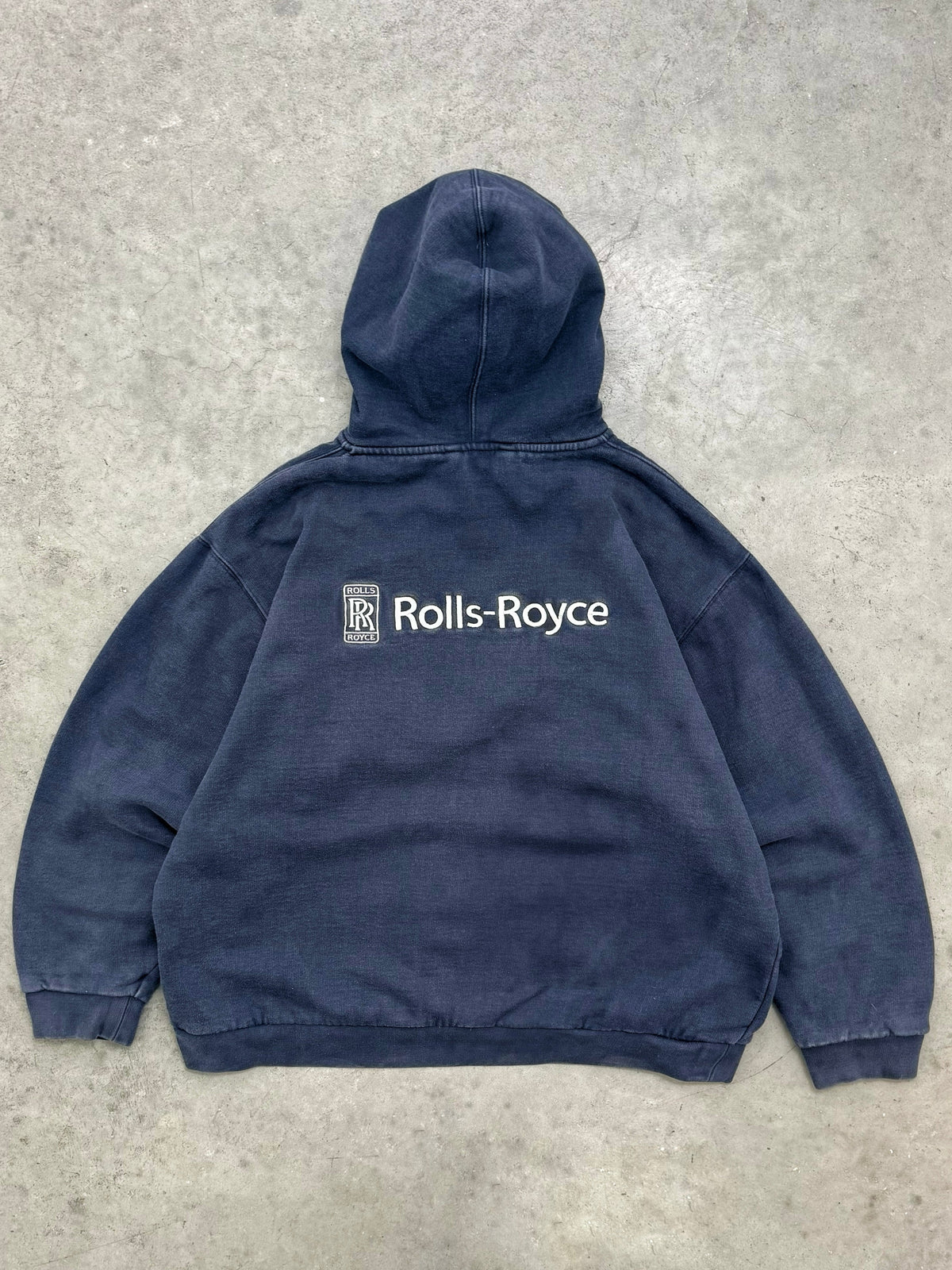 FADED BLUE "ROLLS-ROYCE" THERMAL LINED QUARTER ZIP HOODIE - 2000S