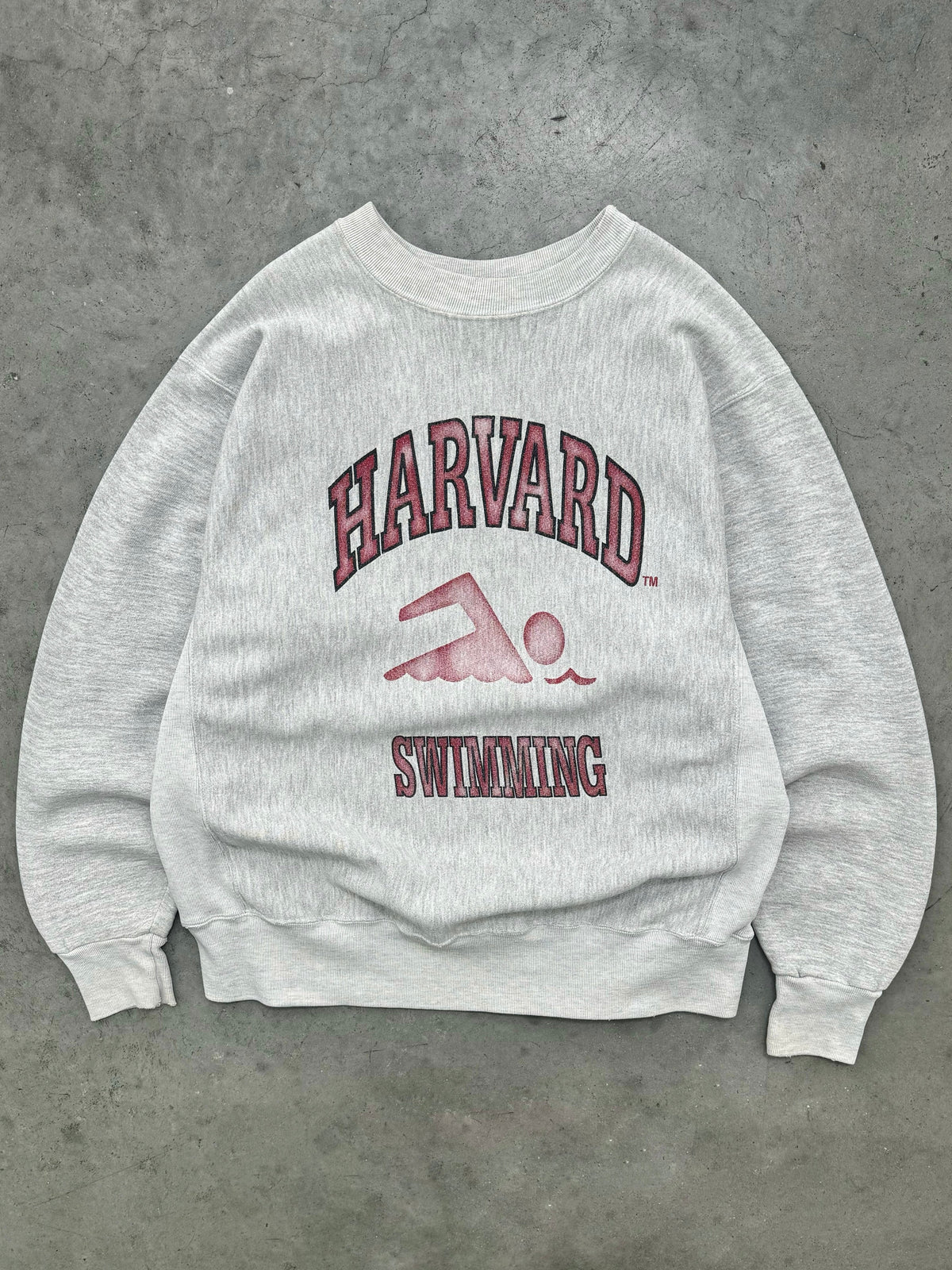 FADED HEATHER GREY "HARVARD SWIMMING" REVERSE WEAVE CREWNECK - 1980S
