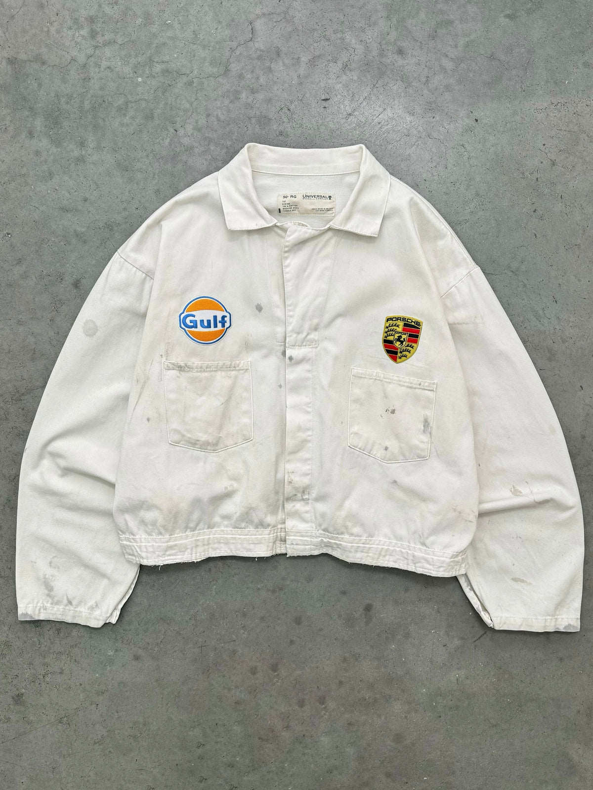 DISTRESSED FADED BONE WHITE PORSCHE MECHANIC JACKET - 1980S