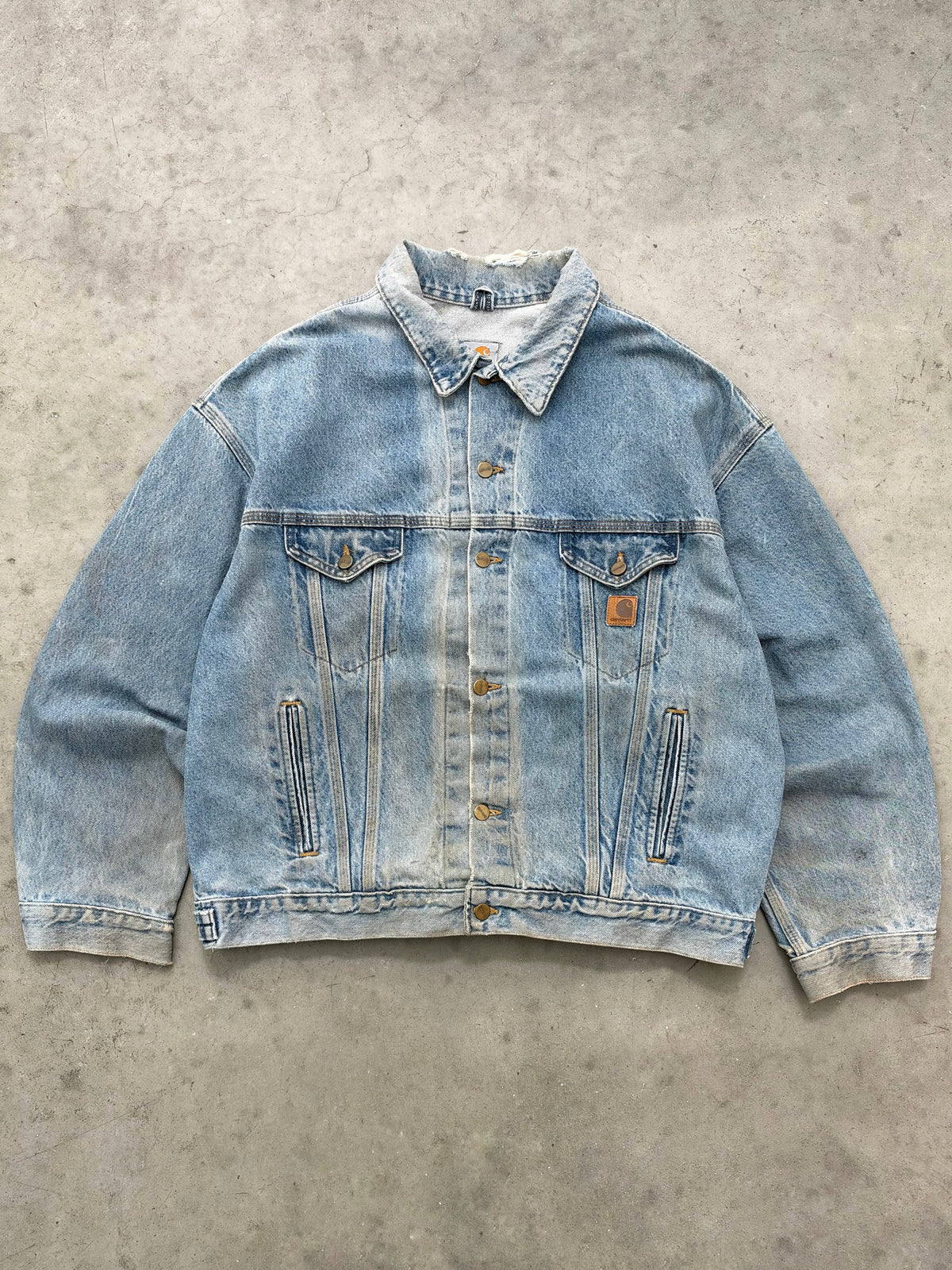 DISTRESSED SUN FADED BLUE CARHARTT DENIM TRUCKER JACKET - 1990S