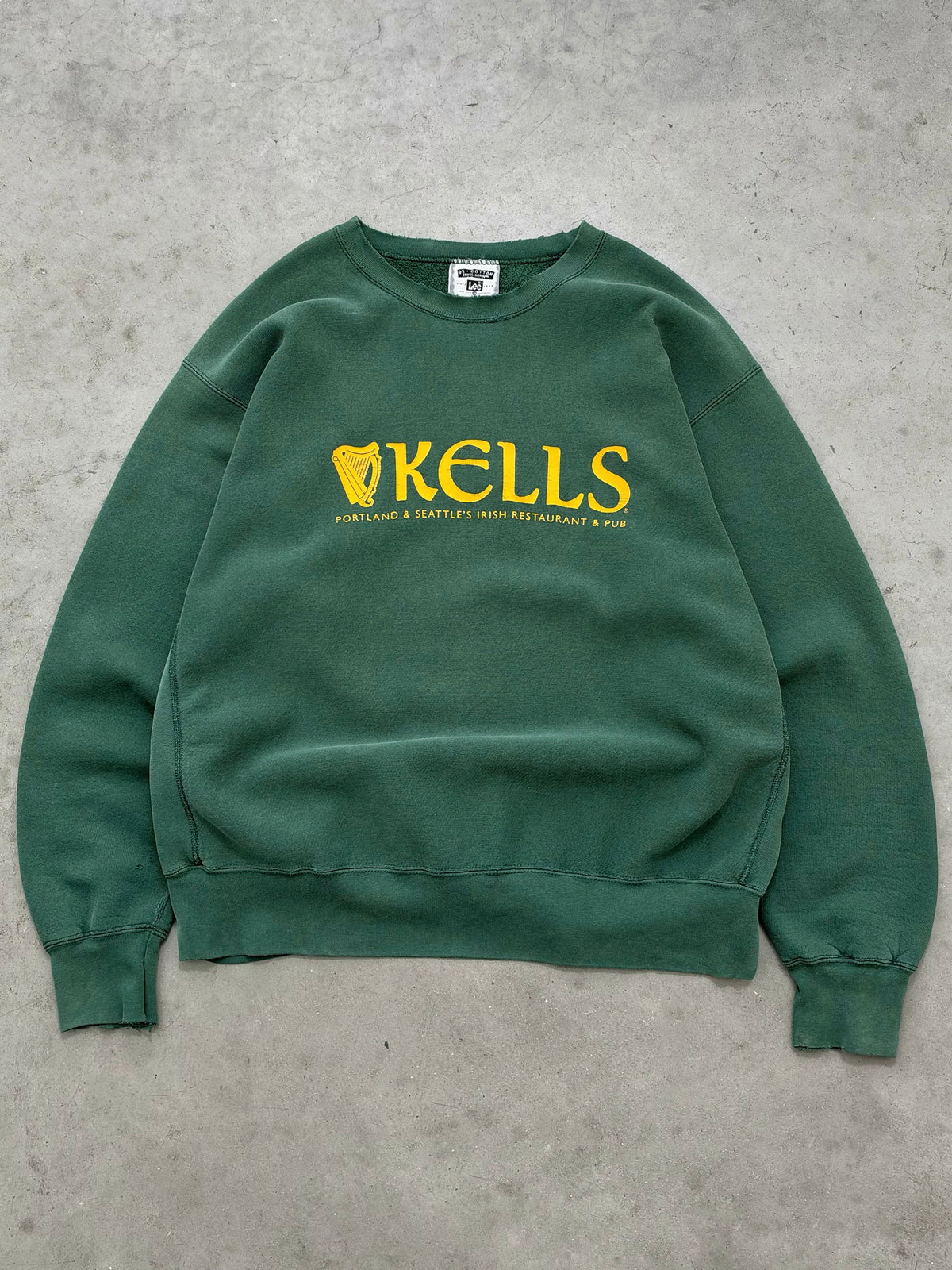 SUN FADED PINE GREEN "KELLS" CROSS GRAIN CREWNECK - 1990S