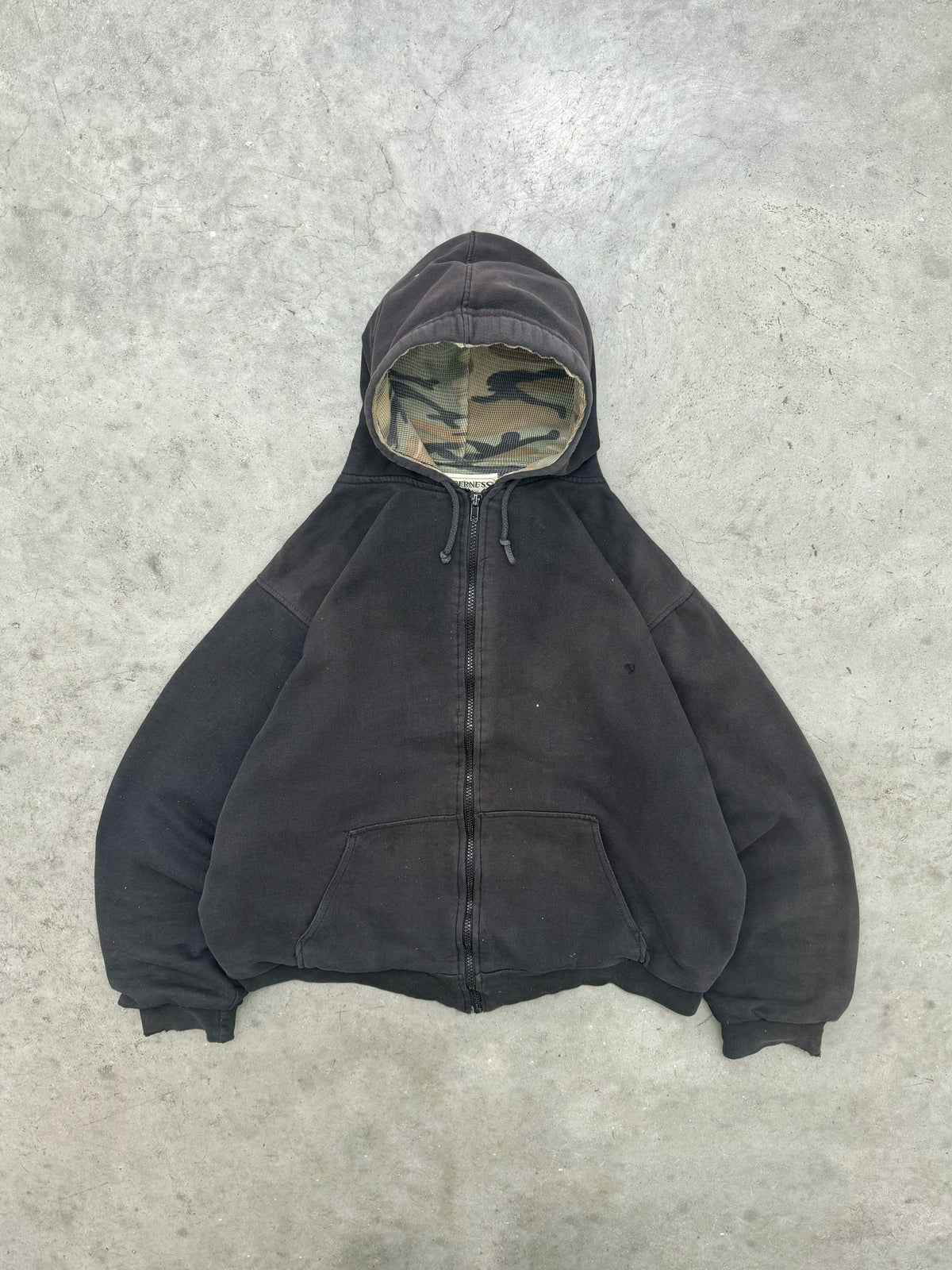 FADED BLACK WOODLAND CAMO WAFFLE KNIT ZIP-UP HOODIE - 1990S