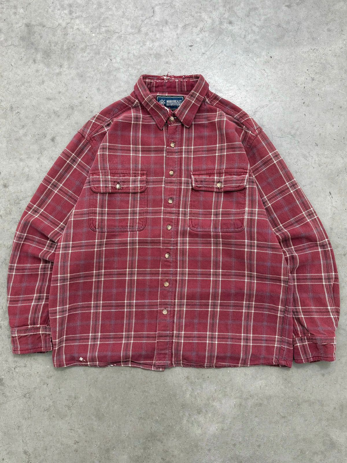 FADED MAROON PLAID FLANNEL OVERSHIRT - 1990S