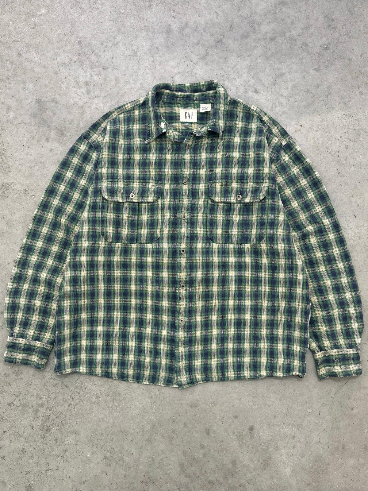 FADED GREEN PLAID GAP FLANNEL SHIRT - 1990S