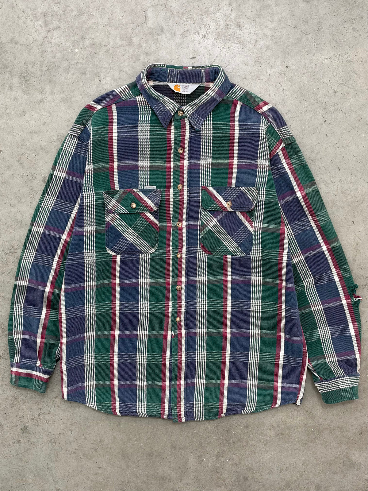 DISTRESSED FADED NAVY BLUE PLAID CARHARTT FLANNEL SHIRT - 1990S
