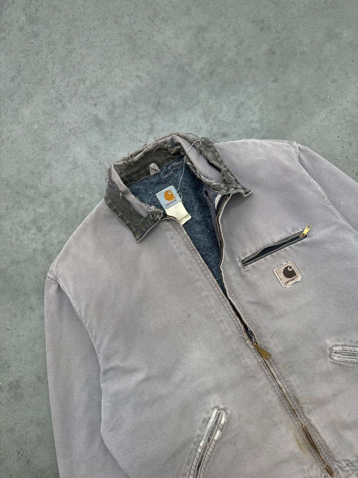 DISTRESSED FADED CEMENT GREY CARHARTT DETROIT JACKET - 1990S
