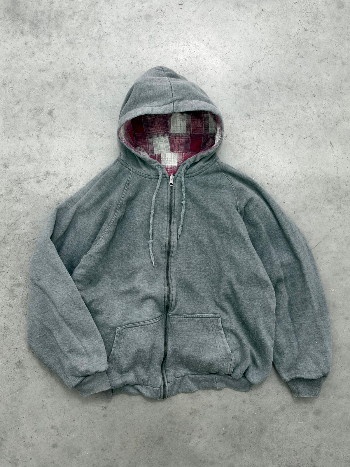 FADED CEMENT GREY FLANNEL LINED RAGLAN ZIP-UP HOODIE - 1990S